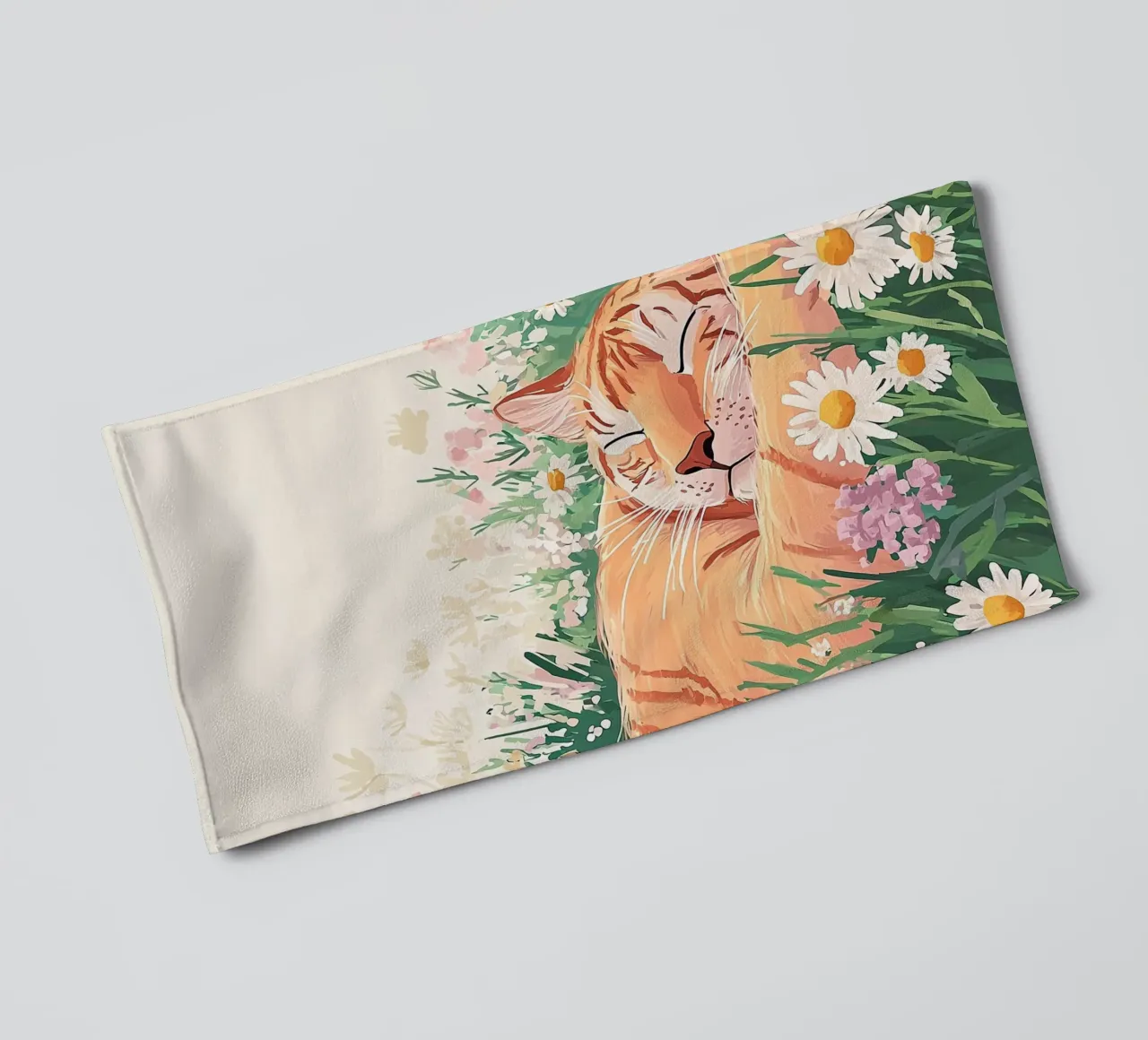 Chat mignon dans les fleurs sauvages, art mural coloré, art fantaisiste serviette de bain de Boheme