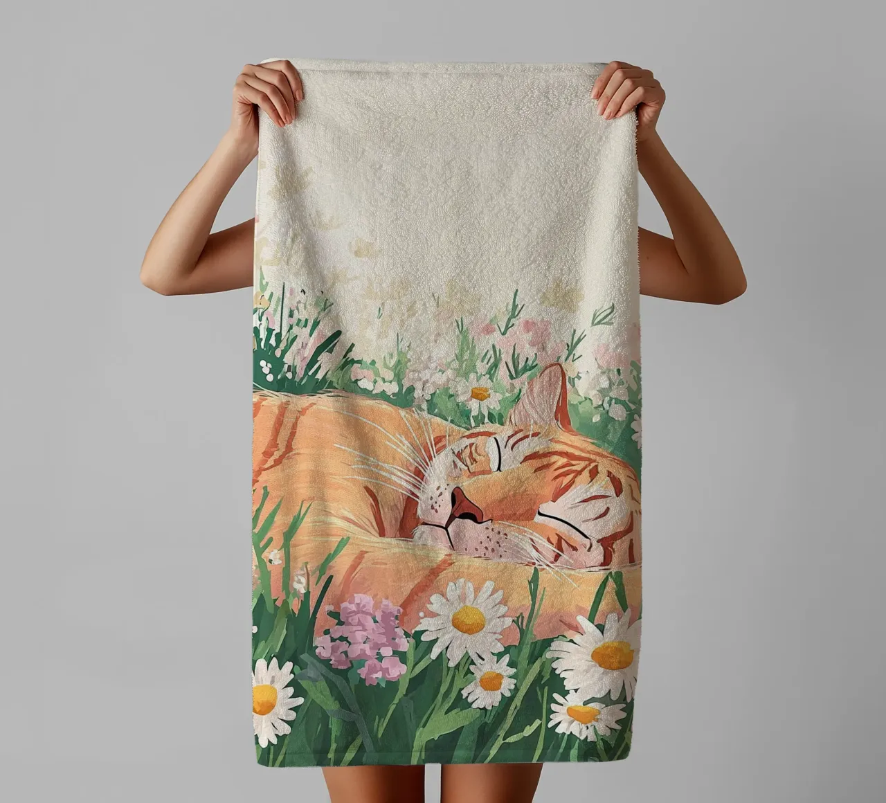 Chat mignon dans les fleurs sauvages, art mural coloré, art fantaisiste serviette de bain de Boheme