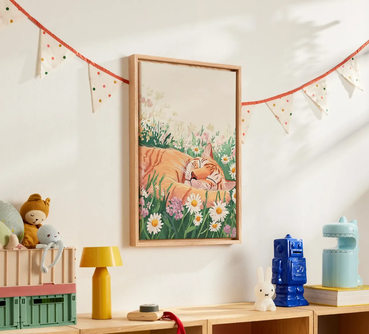 Cute Cat in wildflowers, colourful wall art, whimsical art canvas by Boheme