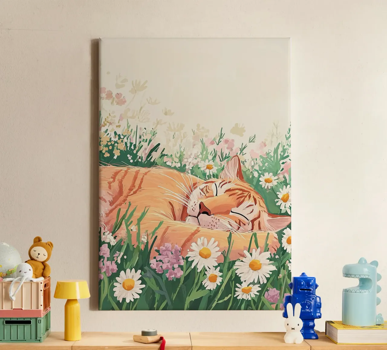 Cute Cat in wildflowers, colourful wall art, whimsical art canvas by Boheme
