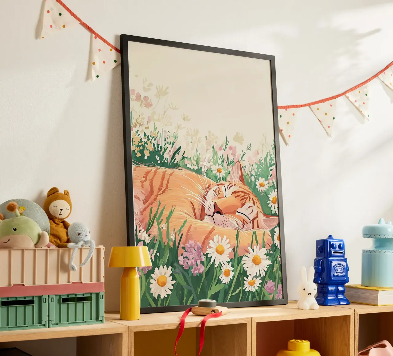 Cute Cat in wildflowers, colourful wall art, whimsical art poster by Boheme