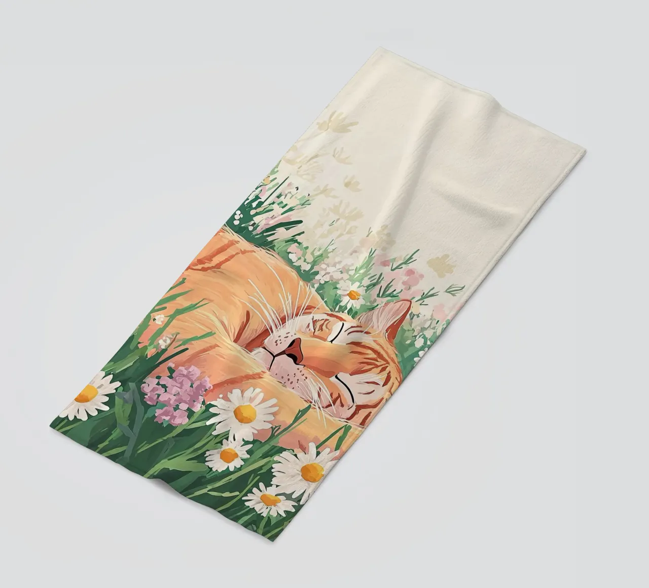 Gatto carino tra i fiori di campo, arte murale colorata, arte stravagante telo mare da Boheme