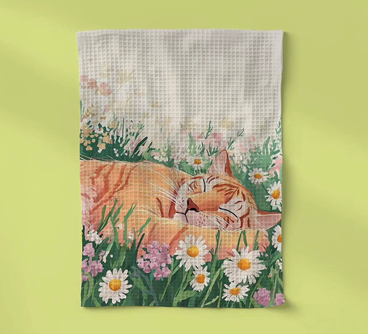 Chat mignon dans les fleurs sauvages, art mural coloré, art fantaisiste torchon de Boheme