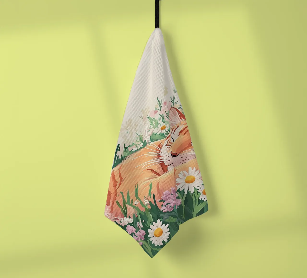 Chat mignon dans les fleurs sauvages, art mural coloré, art fantaisiste torchon de Boheme