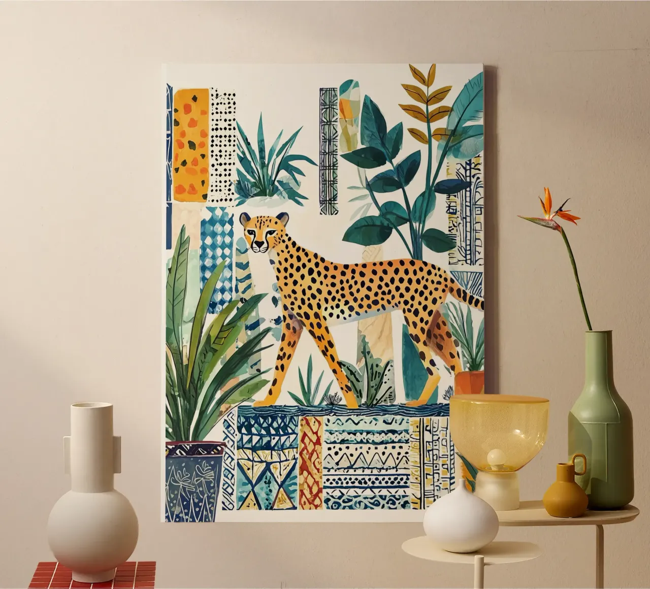 Wildlife Cheetah Print Kleurrijke Moderne Kunst, Abstracte Poster canvas met Baklijst van Boheme