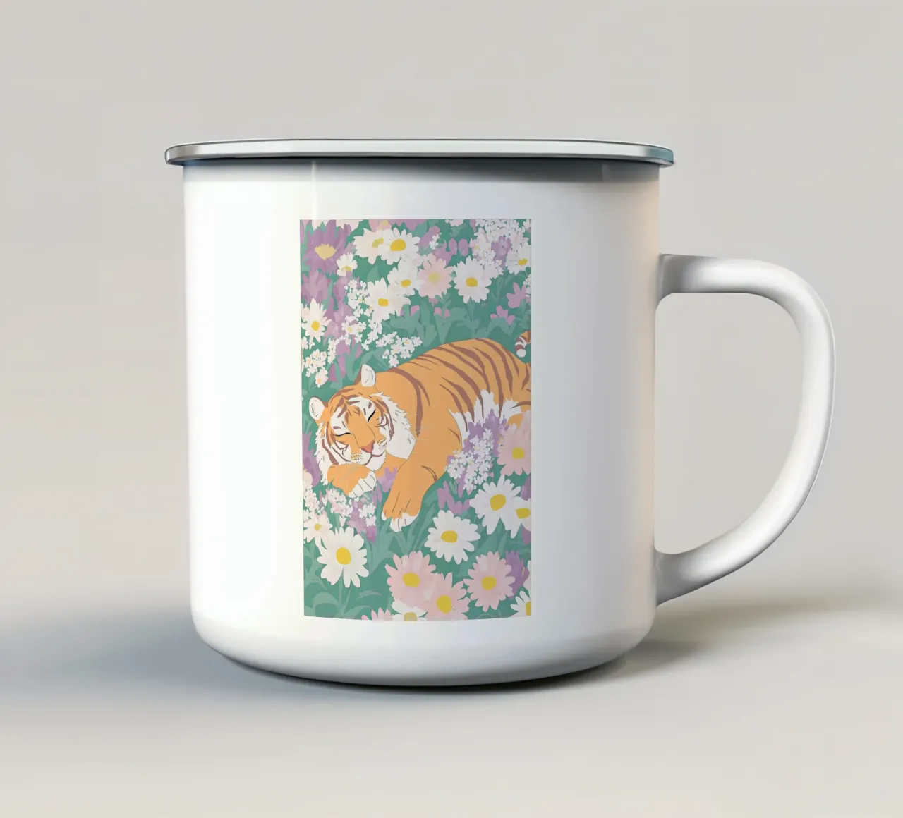 Stampa pastello della tigre, poster della fauna selvatica, tigre con fiori selvatici tazza in smalto da Boheme