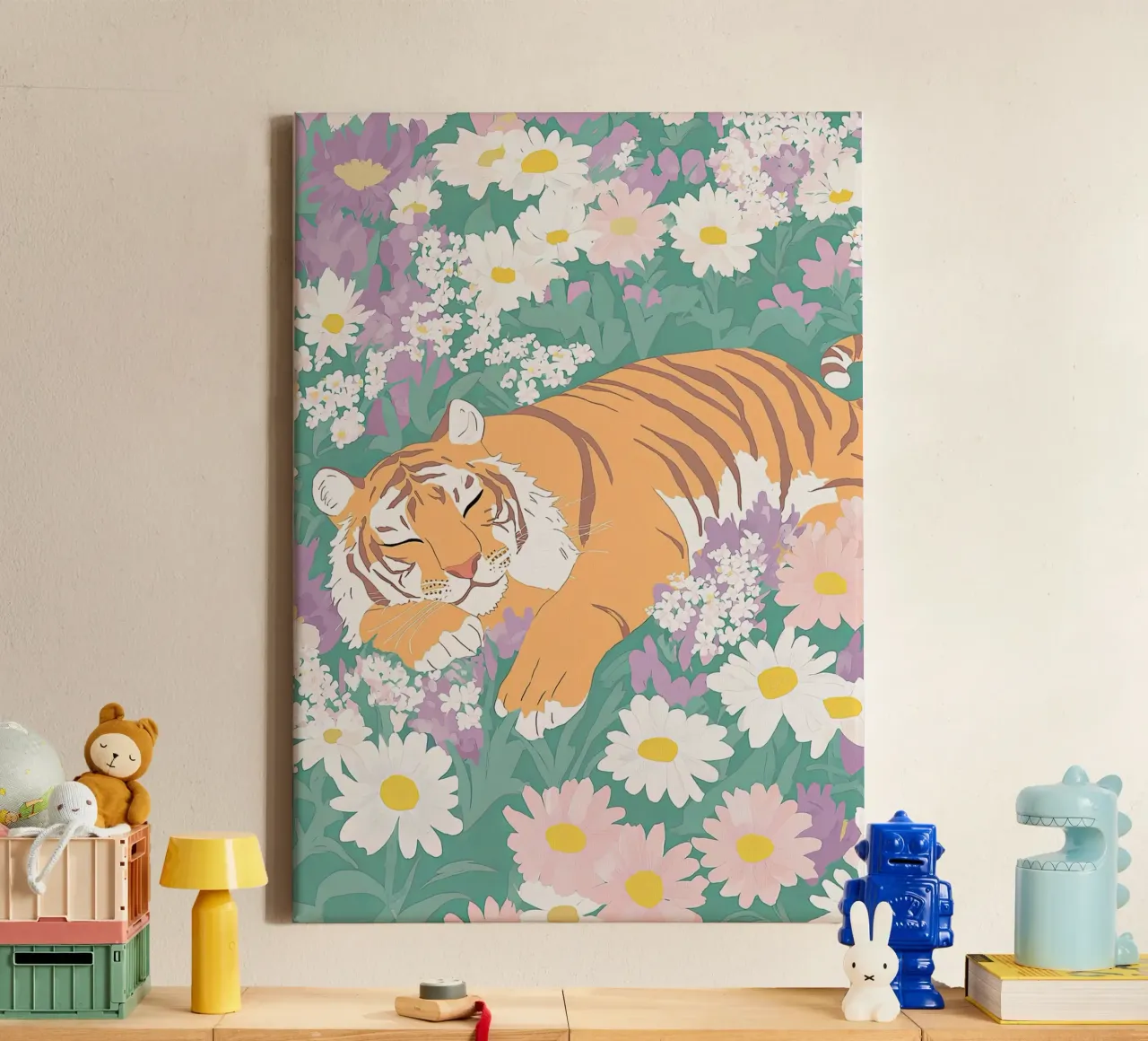 Pastel tijgerprint, wildlife poster, tijger in wilde bloemen canvas met Baklijst van Boheme