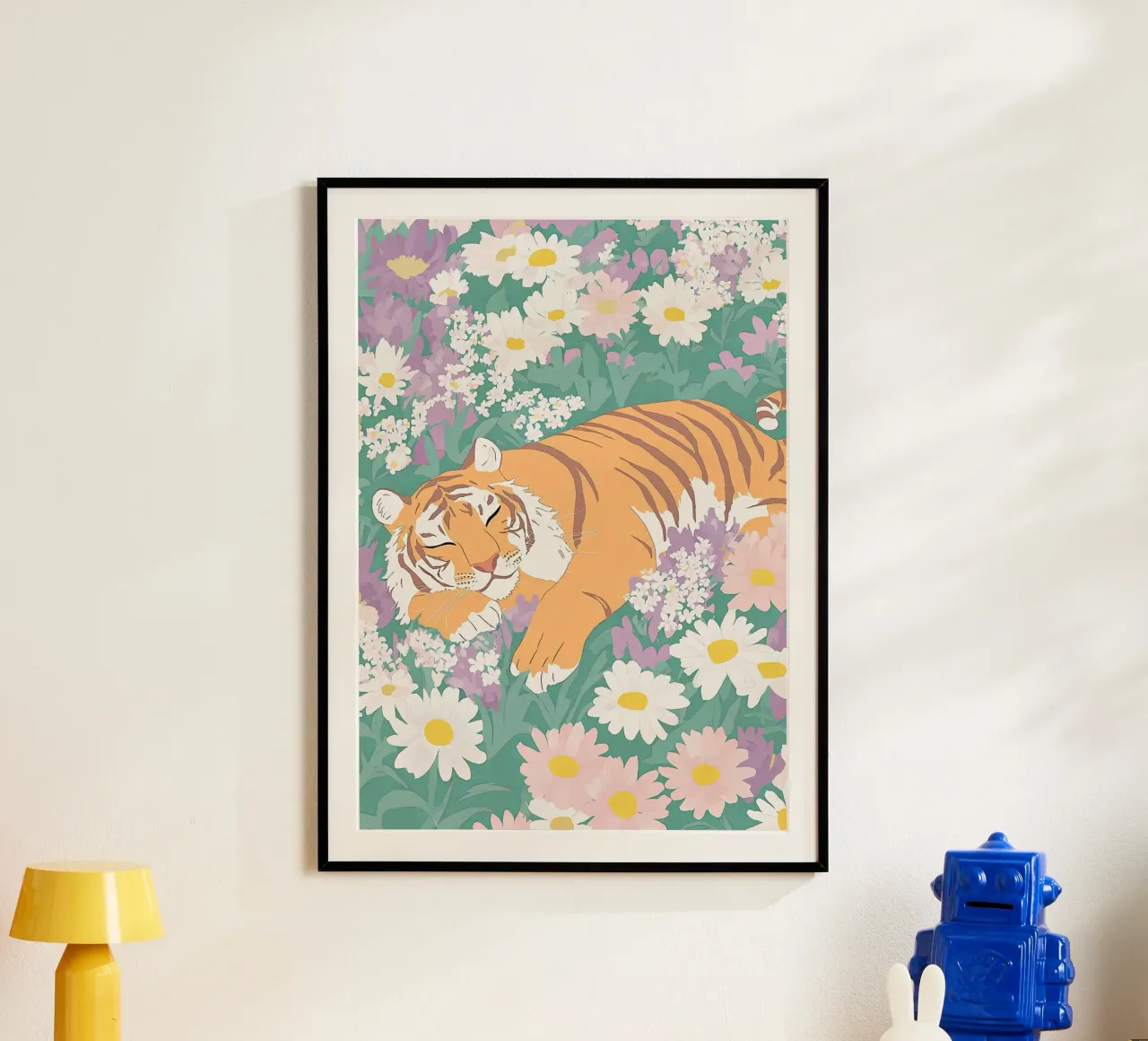Stampa pastello della tigre, poster della fauna selvatica, tigre con fiori selvatici poster con telaio in plastica da Boheme