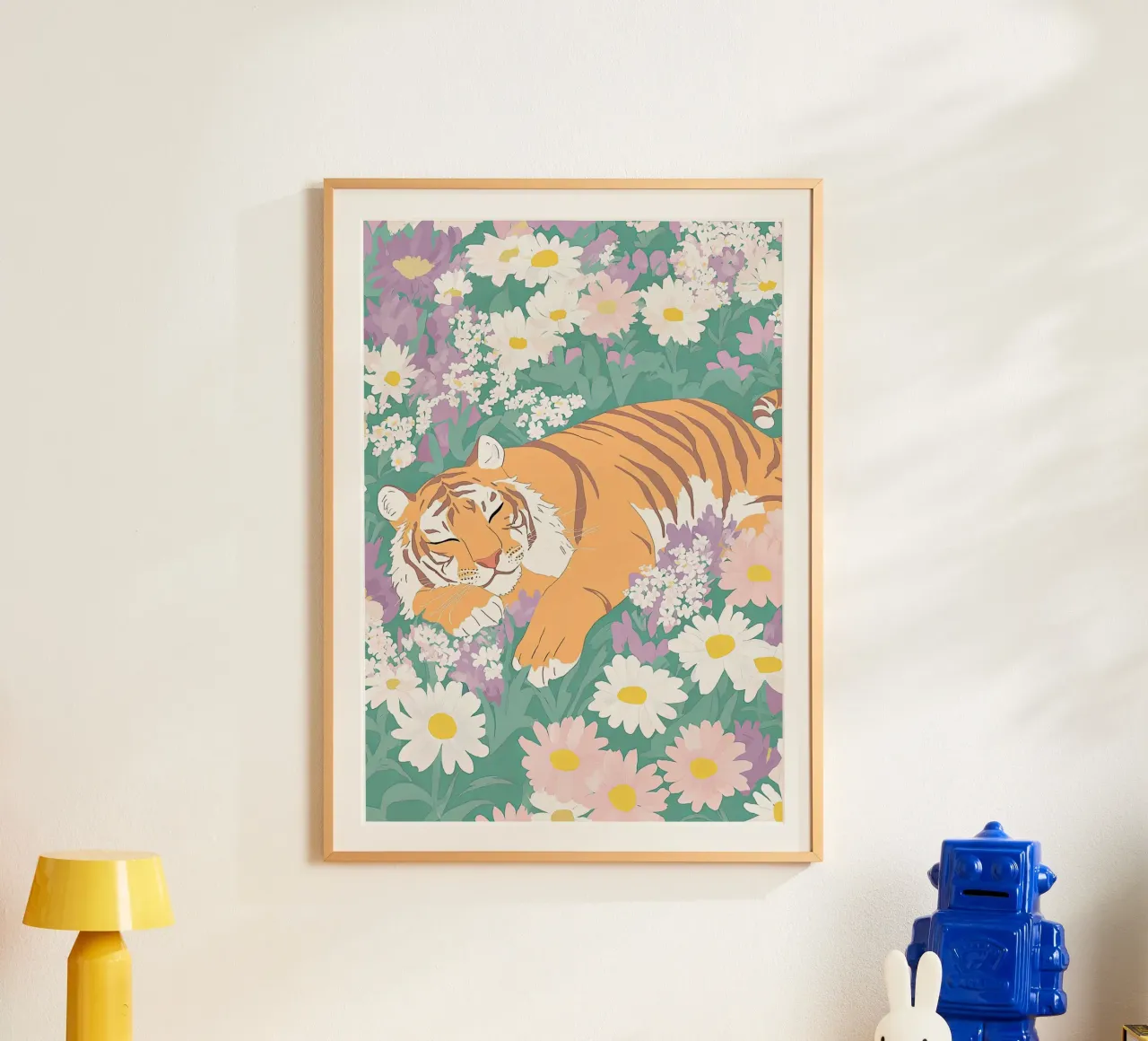 Stampa pastello della tigre, poster della fauna selvatica, tigre con fiori selvatici poster con telaio in plastica da Boheme