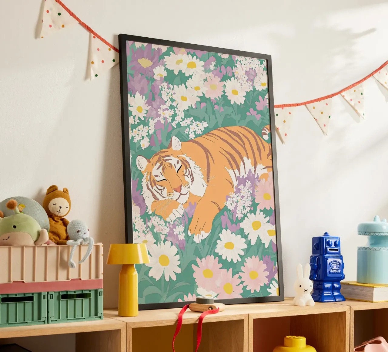 Stampa pastello della tigre, poster della fauna selvatica, tigre con fiori selvatici poster con telaio in plastica da Boheme