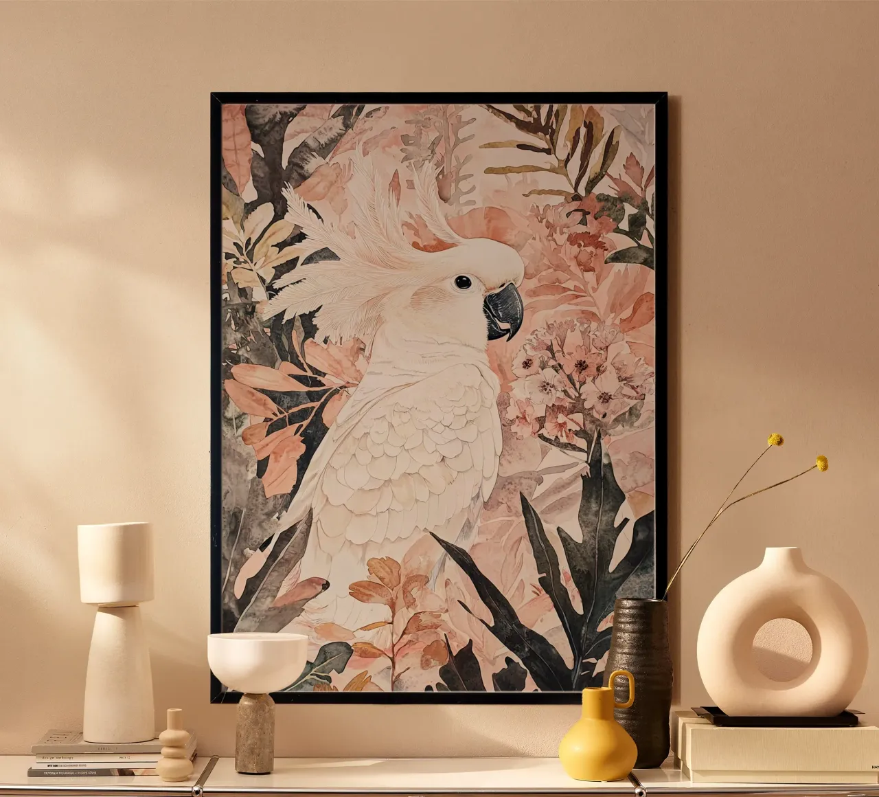 Arte da parete moderna, poster astratto di uccelli, illustrazione di cacatua poster con telaio in legno da Boheme