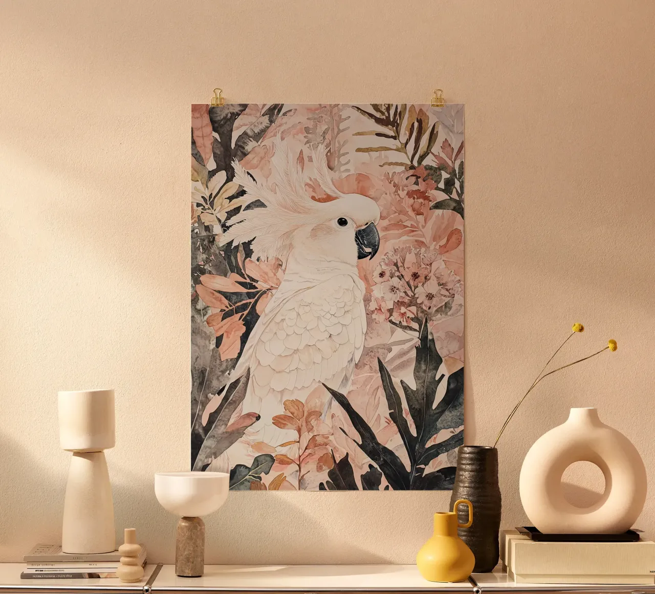 Arte da parete moderna, poster astratto di uccelli, illustrazione di cacatua poster con telaio in legno da Boheme