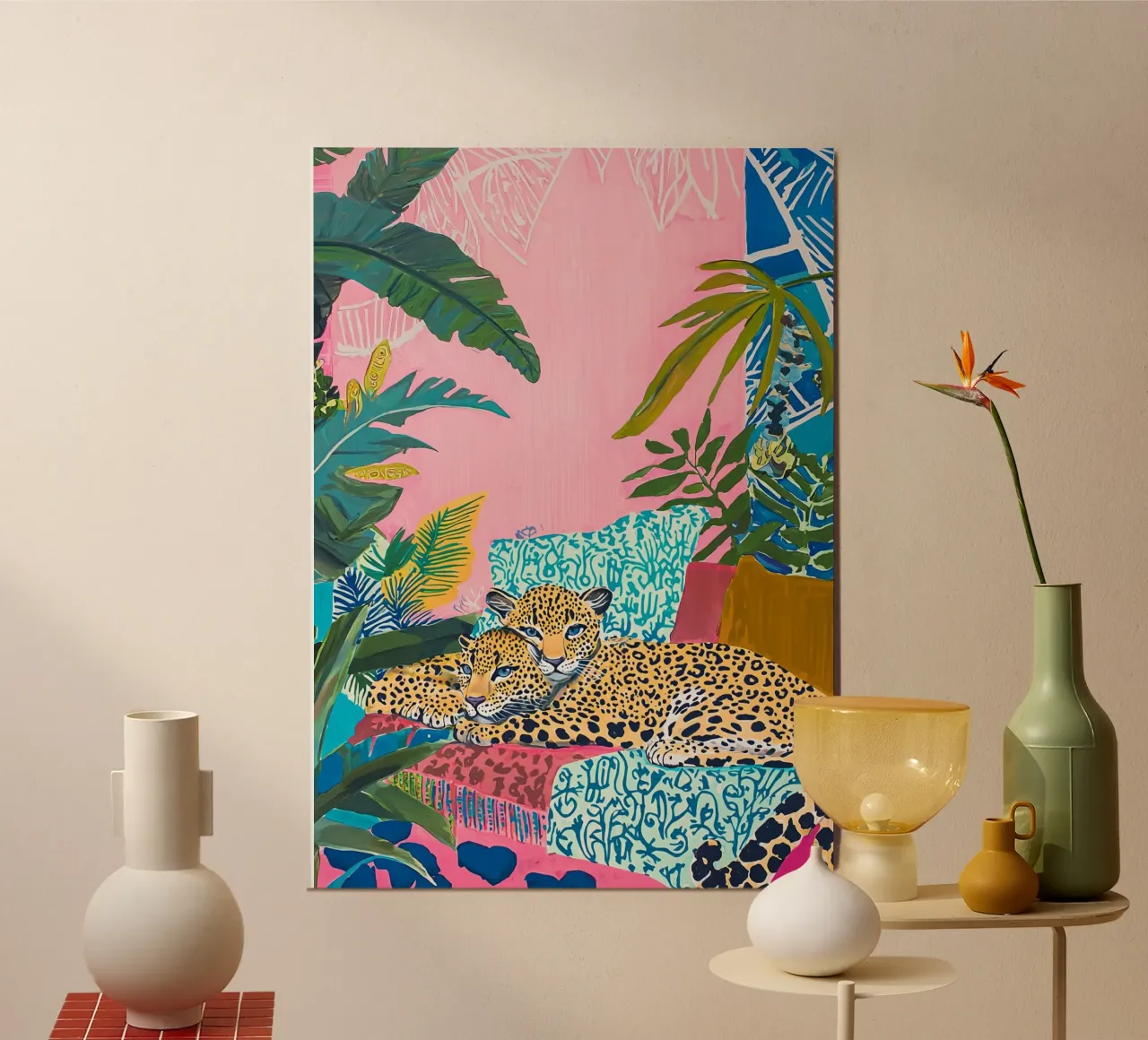Leopardo - Arte murale animale eclettica e colorata, stampe bohémien poster con telaio in alluminio da Boheme
