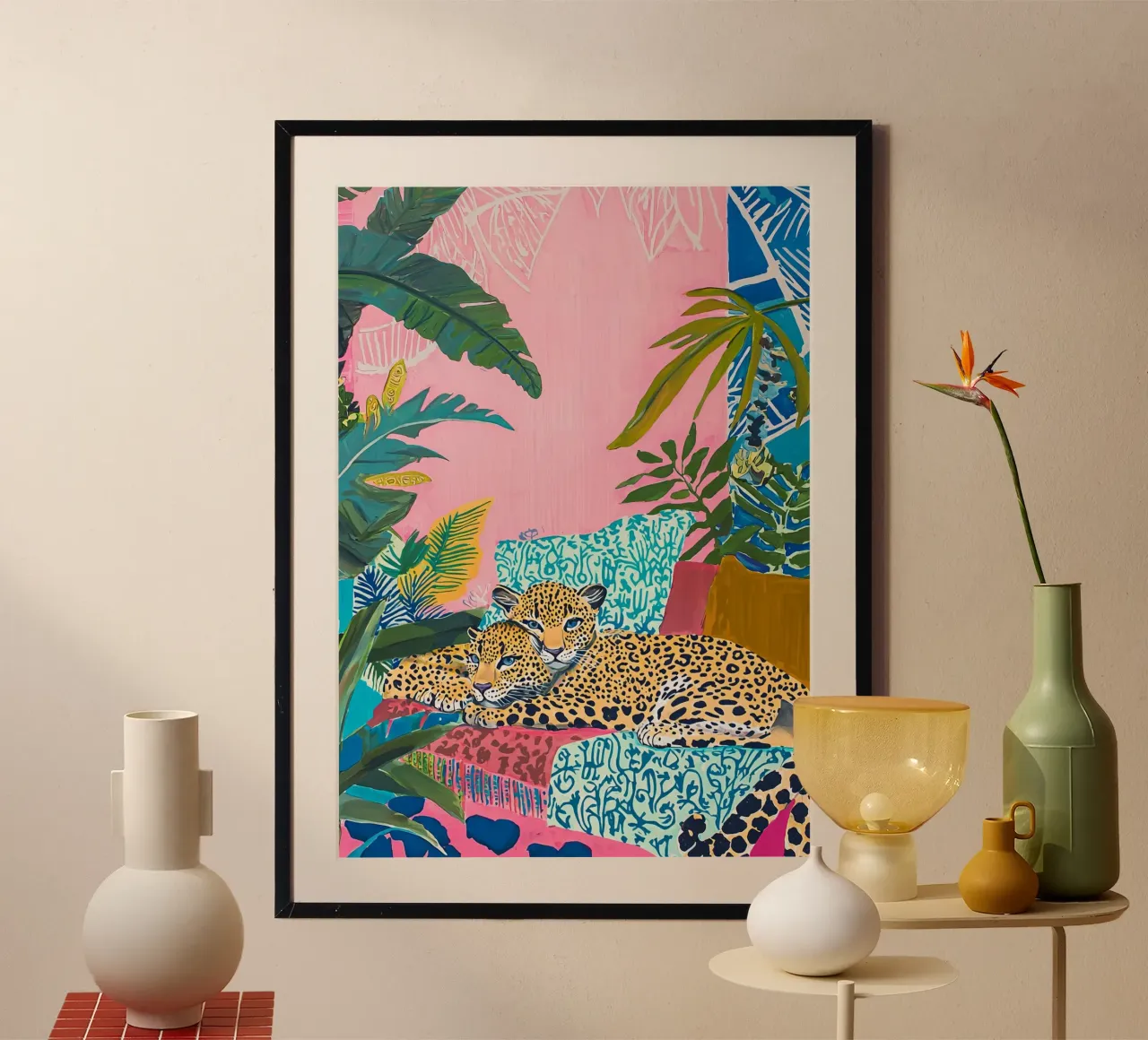 Leopardo - Arte murale animale eclettica e colorata, stampe bohémien poster con telaio in alluminio da Boheme