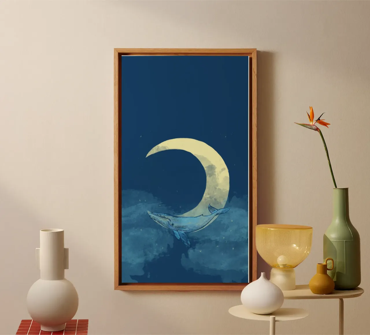 Dreamy Moon & Whale on the night sky tela con Cornice a cassetta da janine.aigner.work
