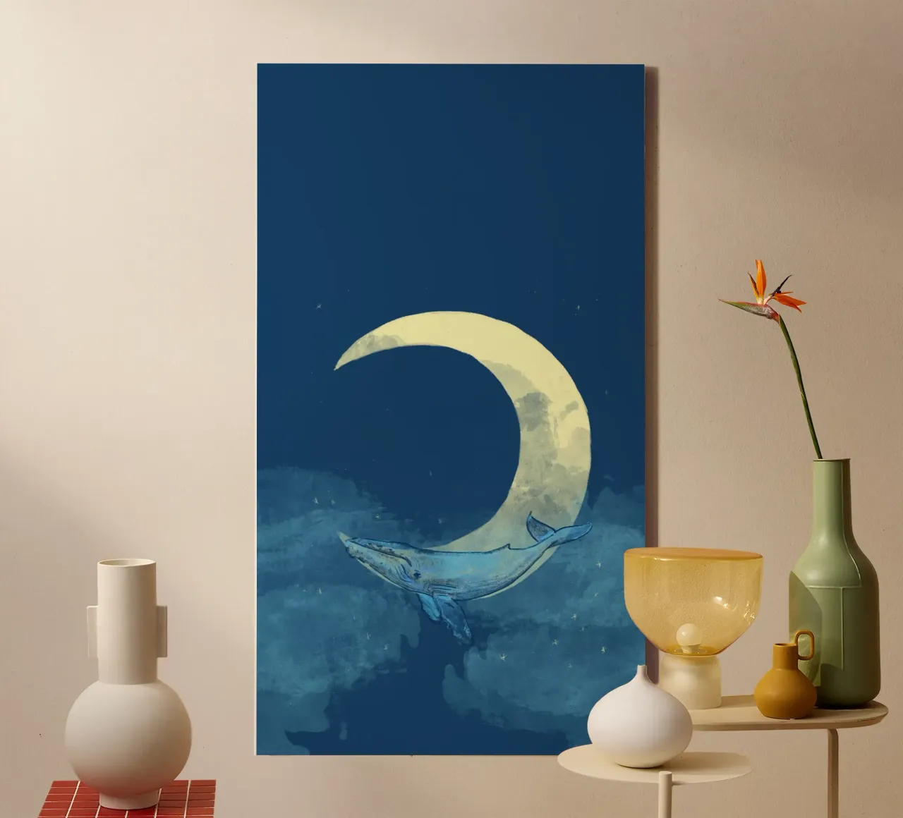 Dreamy Moon & Whale on the night sky tela con Cornice a cassetta da janine.aigner.work