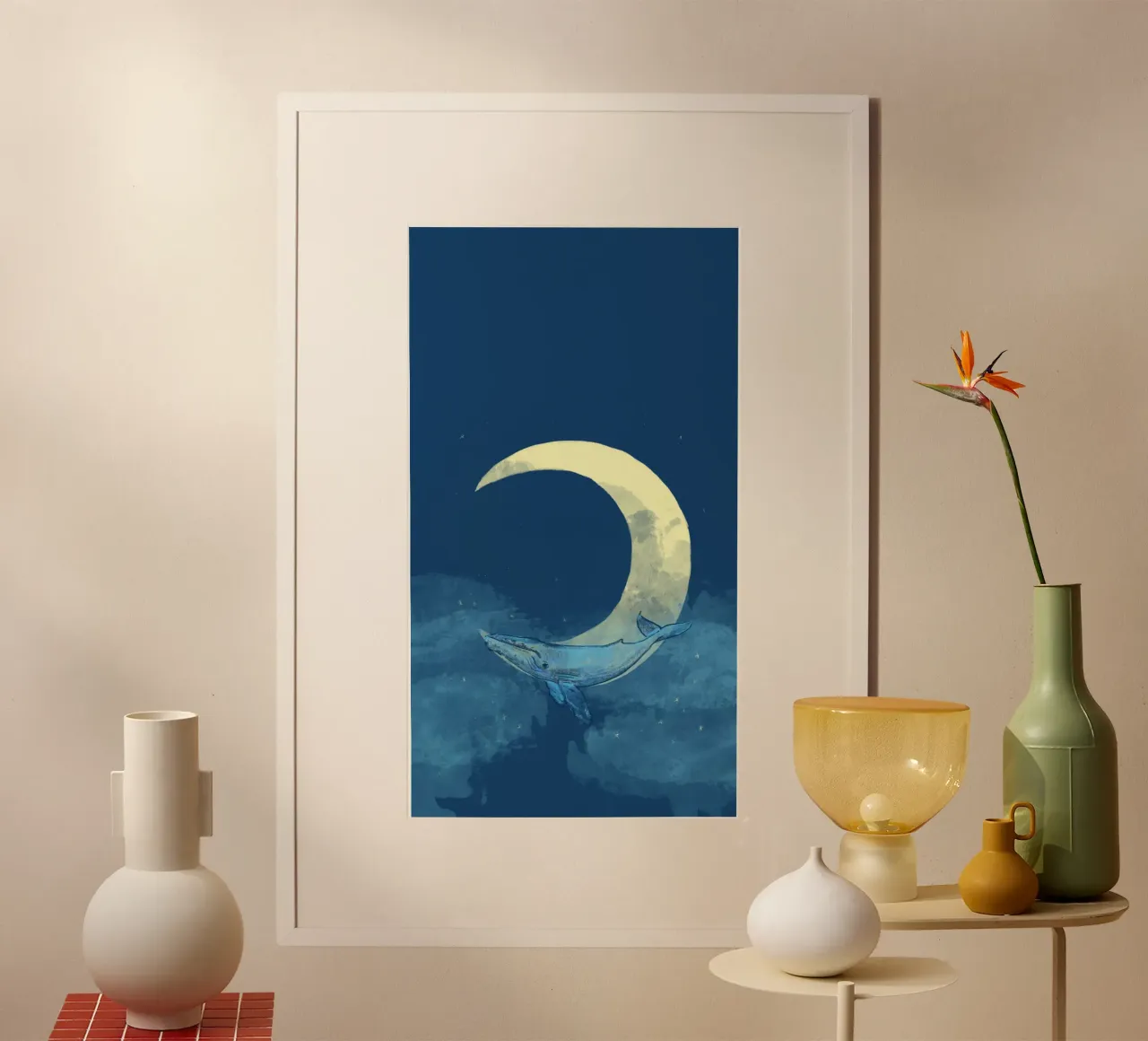 Dreamy Moon & Whale on the night sky poster with wooden frame by janine.aigner.work