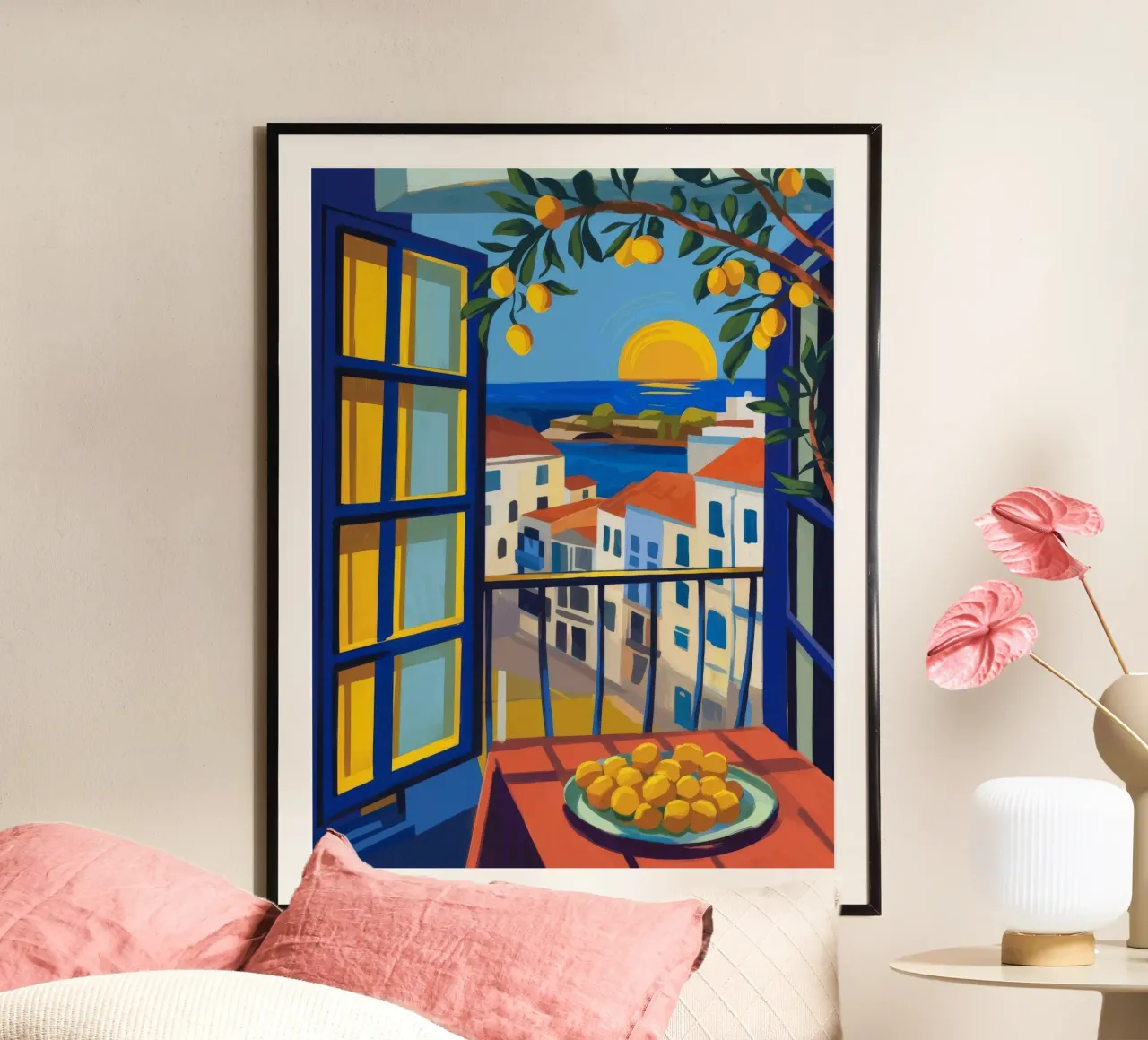 Balcone al tramonto poster con telaio in plastica da Artie Shifa
