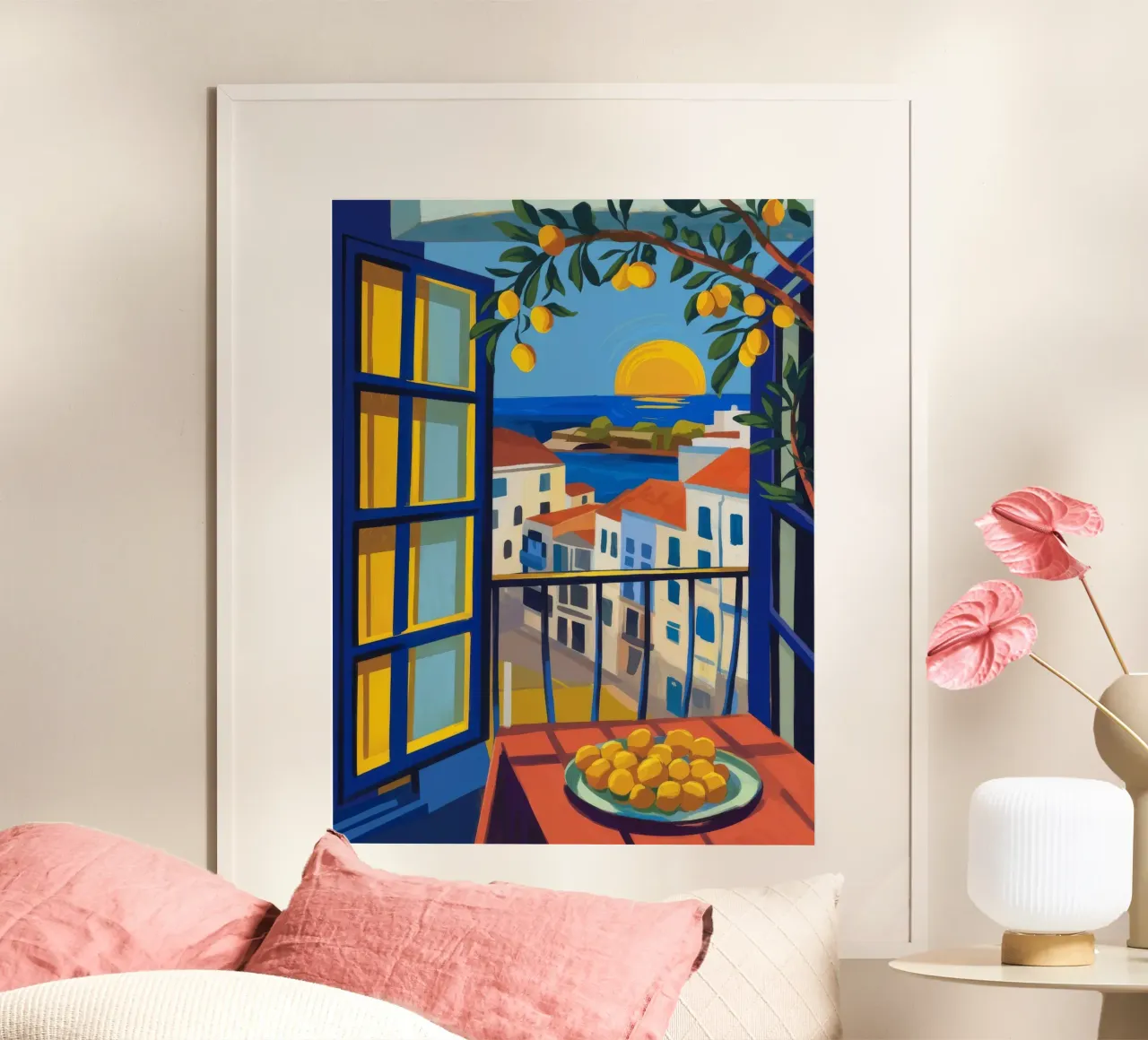 Balcone al tramonto poster con telaio in plastica da Artie Shifa