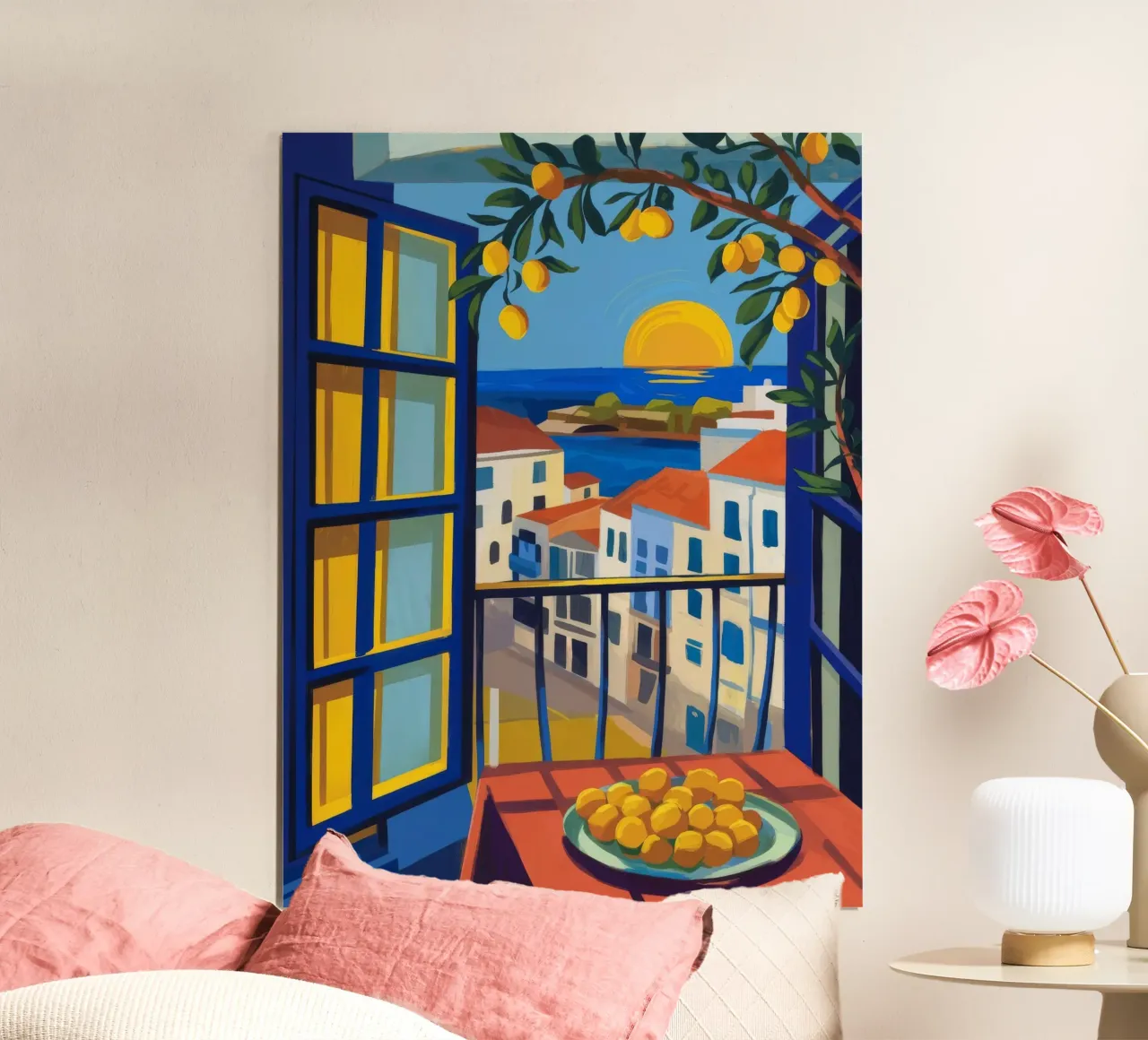 Balcone al tramonto poster con telaio in plastica da Artie Shifa