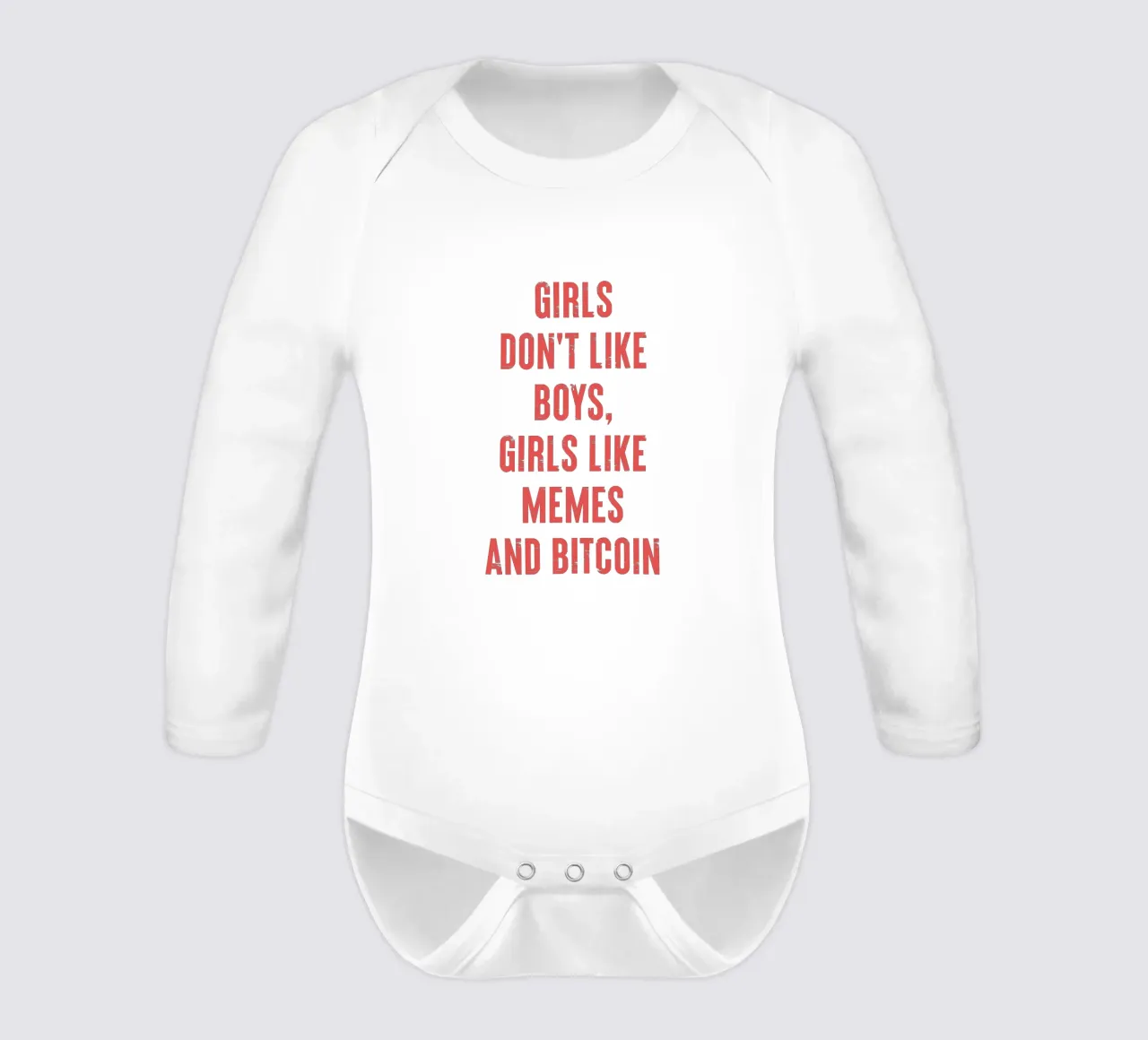 Girls don't like boys, girls like memes and bitcoin long-sleeve baby romper by Vintagrafica