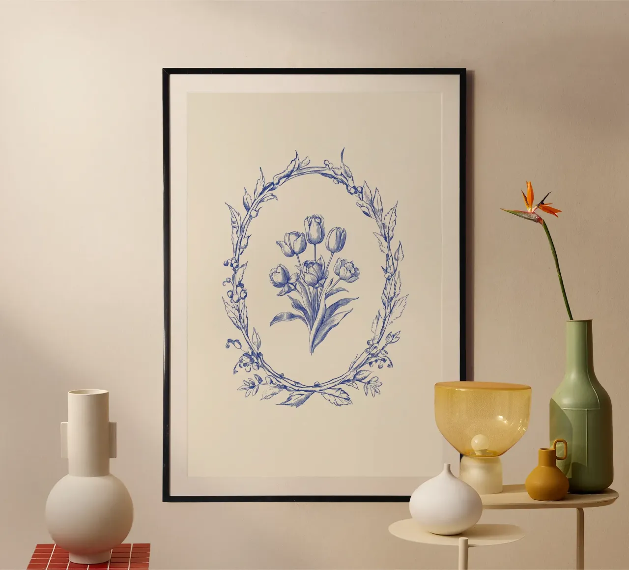 Illustrazione floreale blu con bouquet di tulipani poster da Melloi Art Print