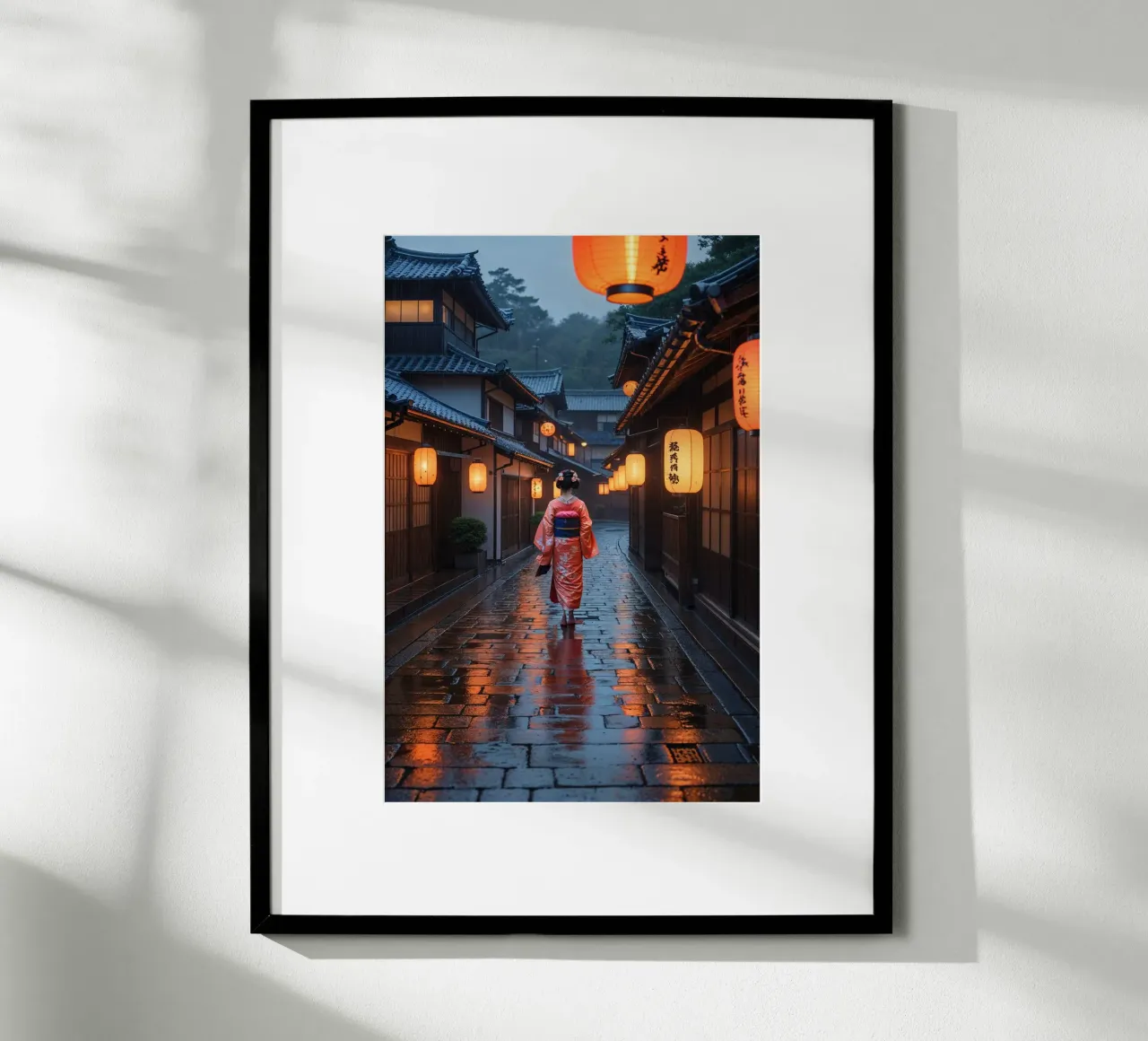 Mystical Gion Streets on a Rainy Evening poster con telaio in legno da AlbertKlee