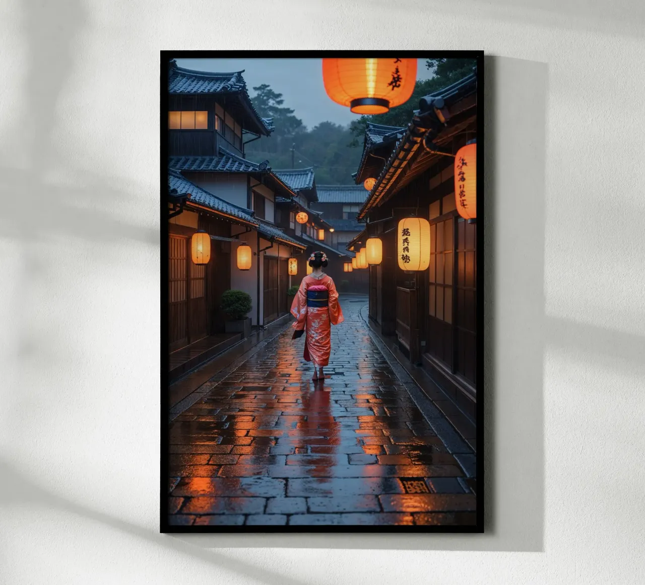 Mystical Gion Streets on a Rainy Evening poster con telaio in legno da AlbertKlee