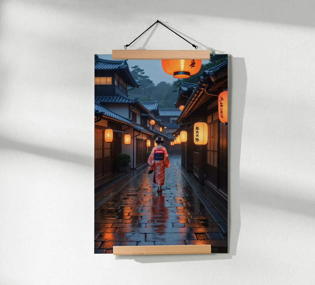 Mystical Gion Streets on a Rainy Evening poster con telaio in legno da AlbertKlee
