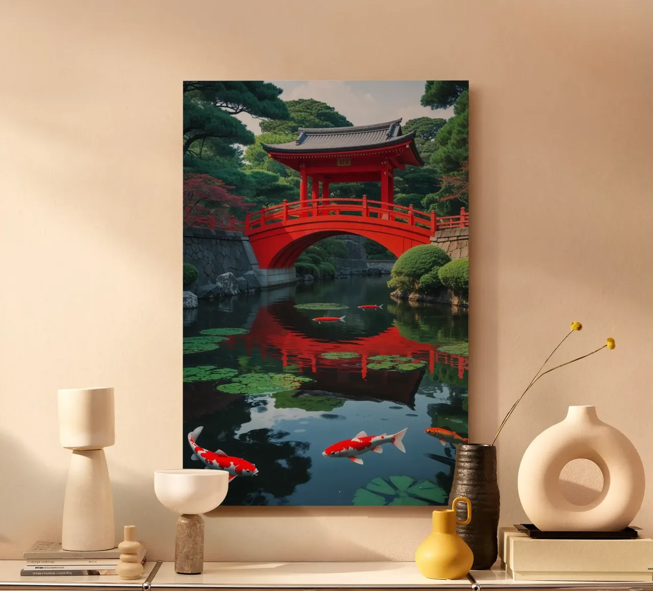 Heian Shrine’s Vibrant Red Bridge Over Tranquil Waters alluminio dibond da AlbertKlee