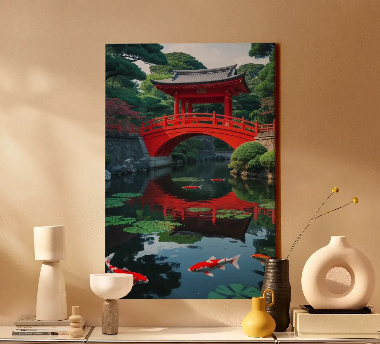 Heian Shrine’s Vibrant Red Bridge Over Tranquil Waters tela da AlbertKlee