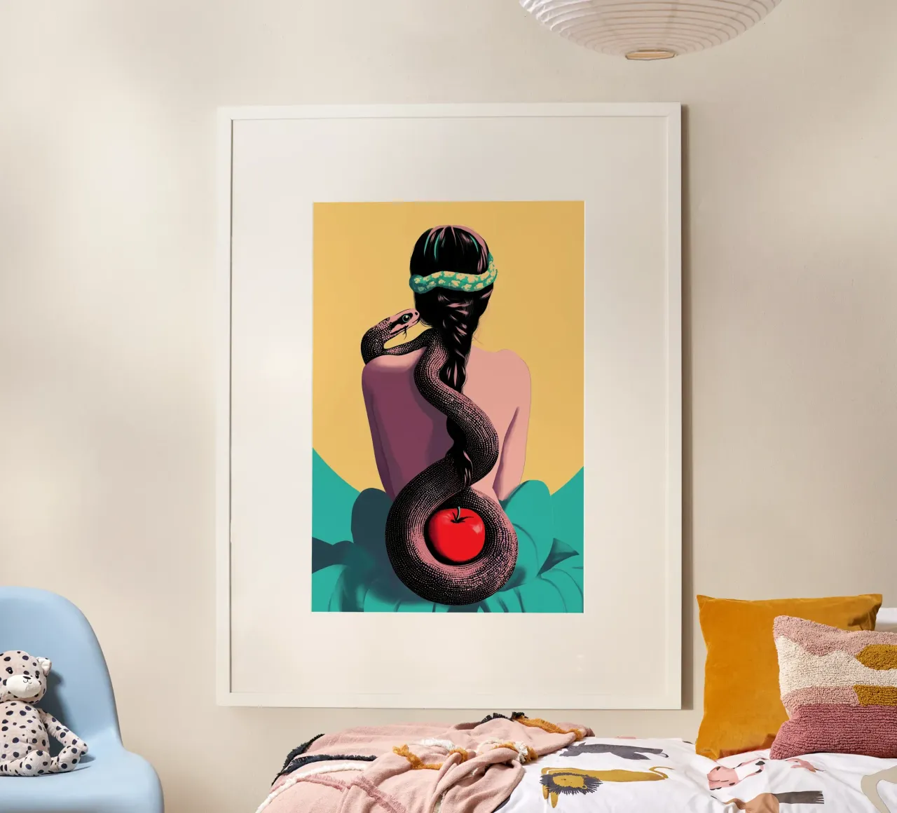 The seduction | Eve with apple and snake poster with wooden frame by Autofocus