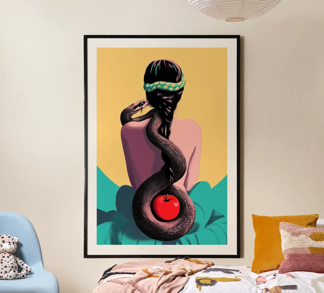 The seduction | Eve with apple and snake poster with wooden frame by Autofocus