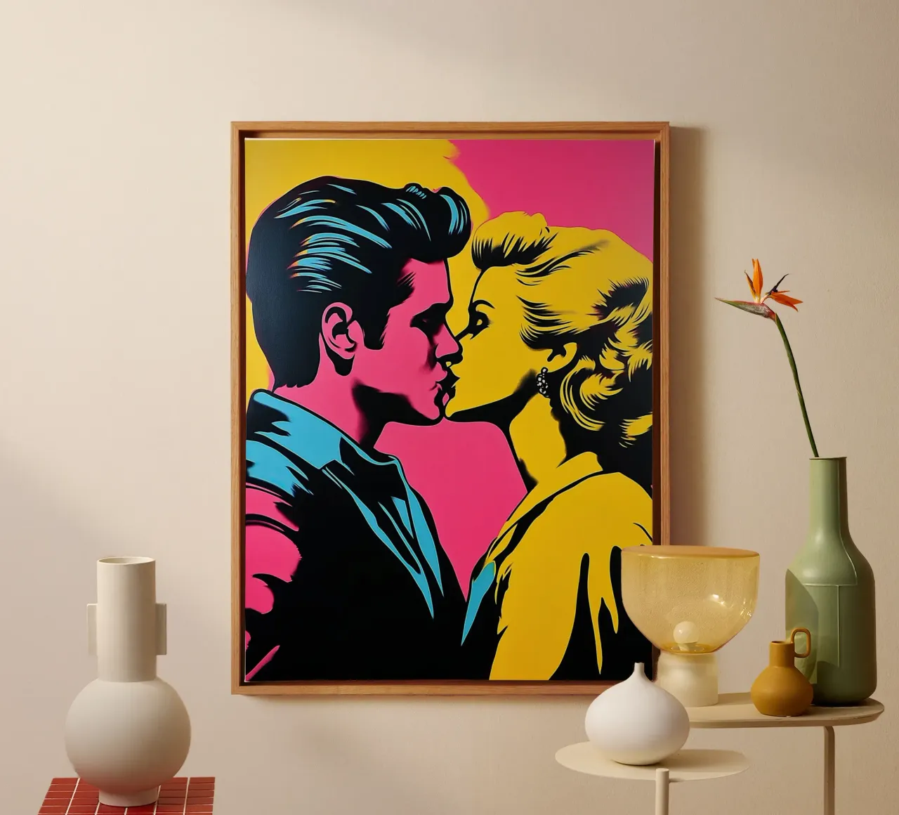 Bacio pop art al neon | Passione in stile fumetto tela con Cornice a cassetta da Autofocus