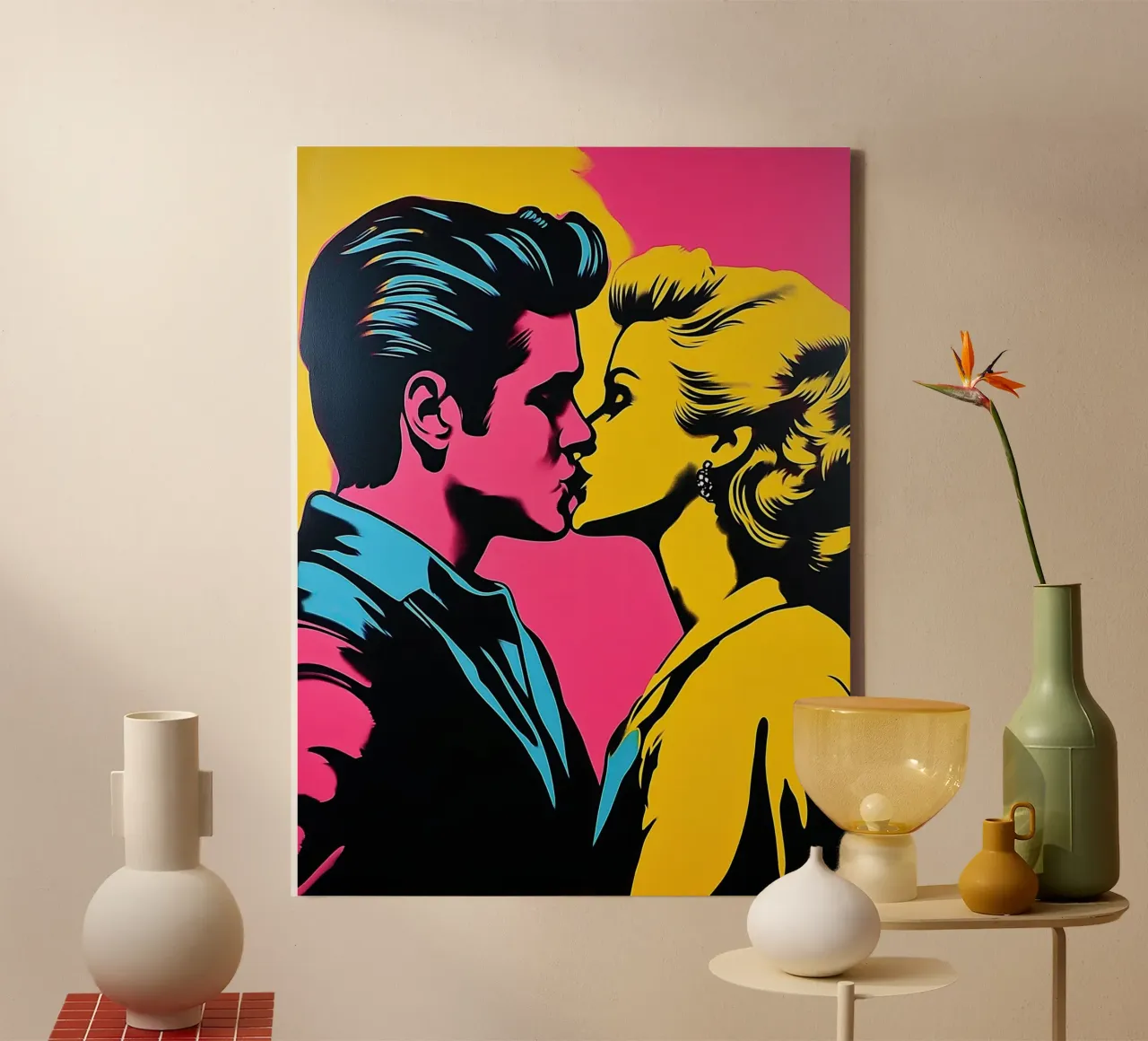 Bacio pop art al neon | Passione in stile fumetto tela con Cornice a cassetta da Autofocus