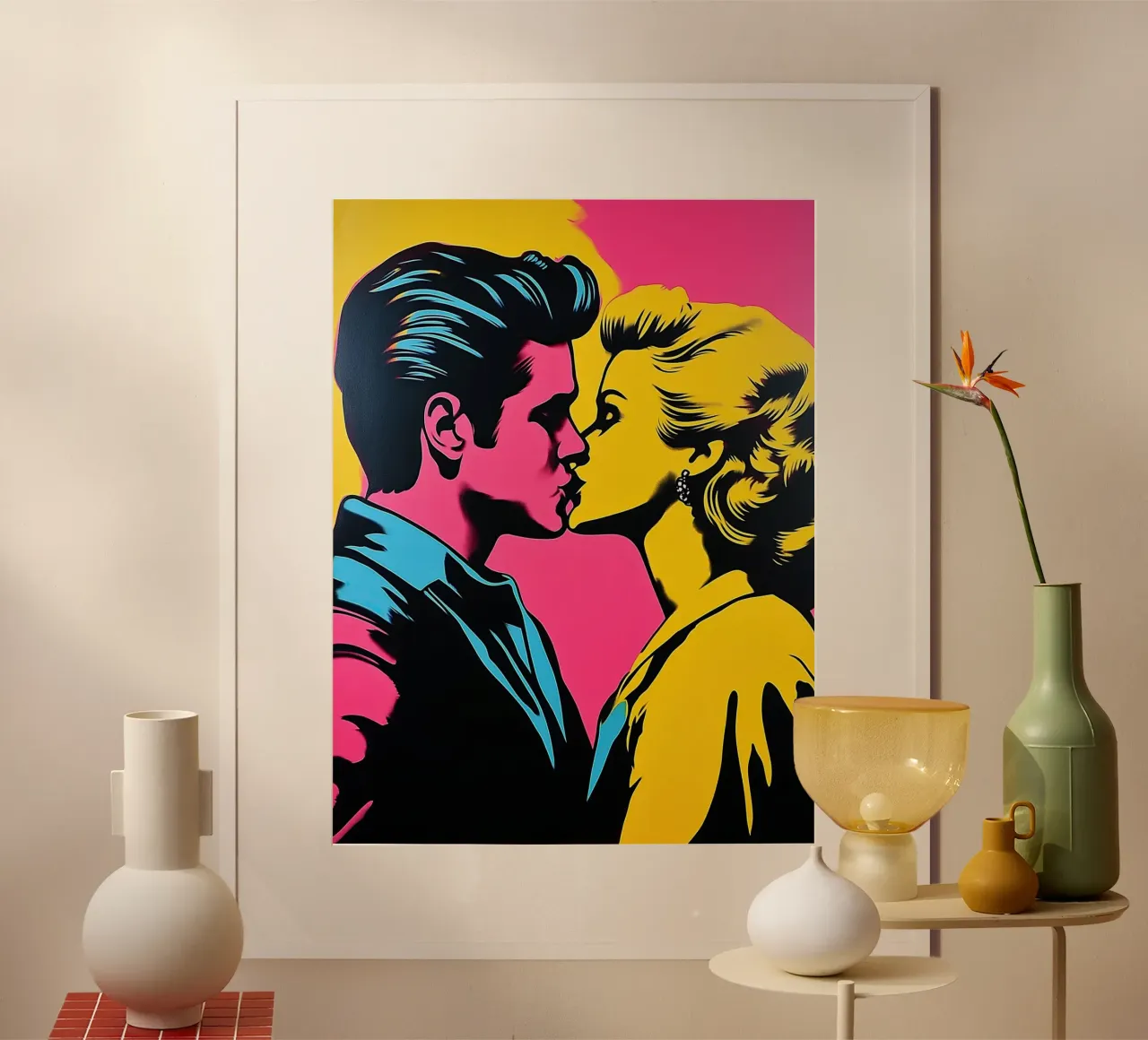 Bacio pop art al neon | Passione in stile fumetto poster con telaio in plastica da Autofocus