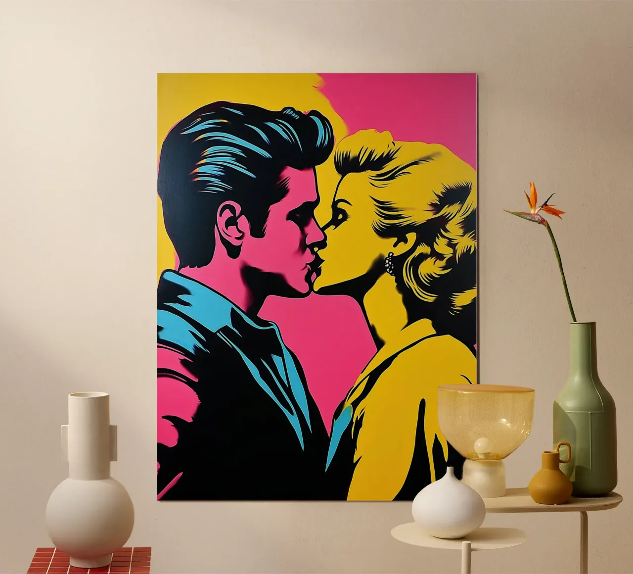 Bacio pop art al neon | Passione in stile fumetto poster con telaio in plastica da Autofocus