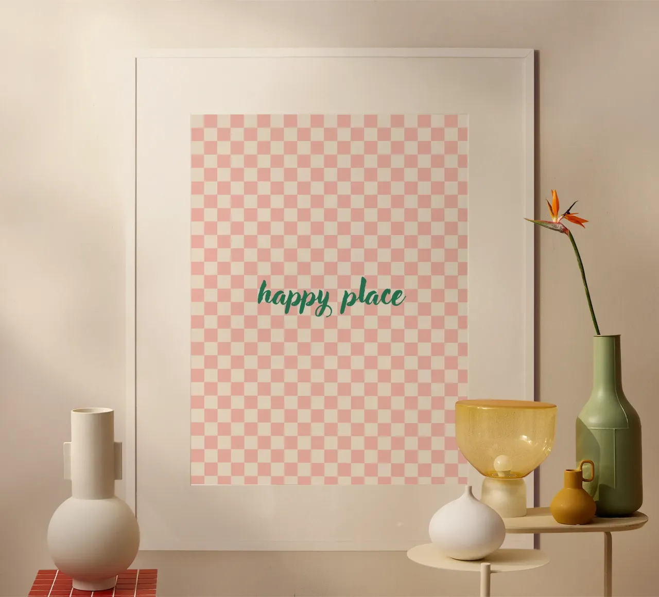 Happy Place Grid poster con telaio in alluminio da Poster Print Studio