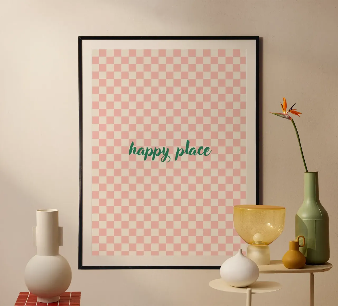 Happy Place Grid poster con telaio in alluminio da Poster Print Studio