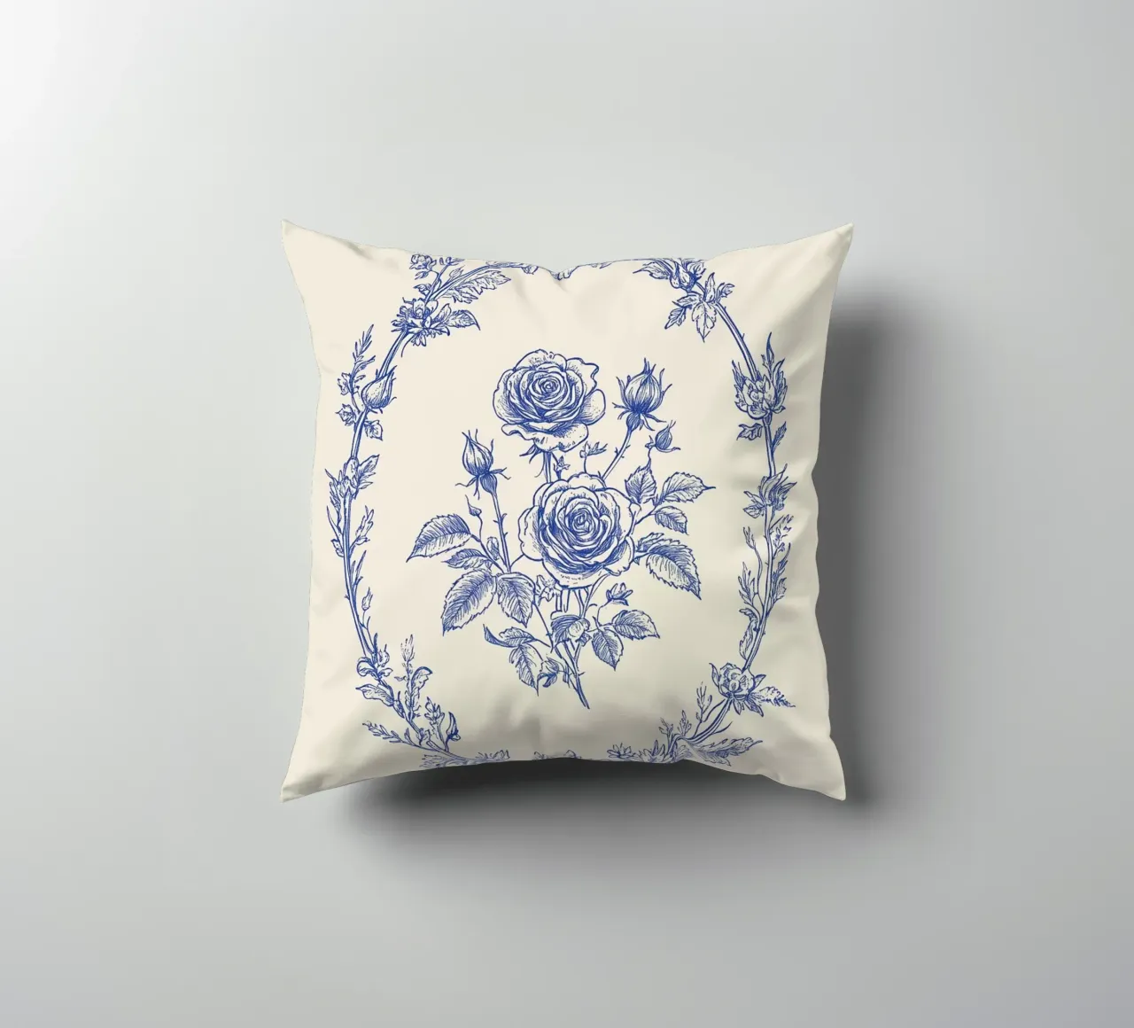 Rose in cornice blu ornata cuscino da Melloi Art Print