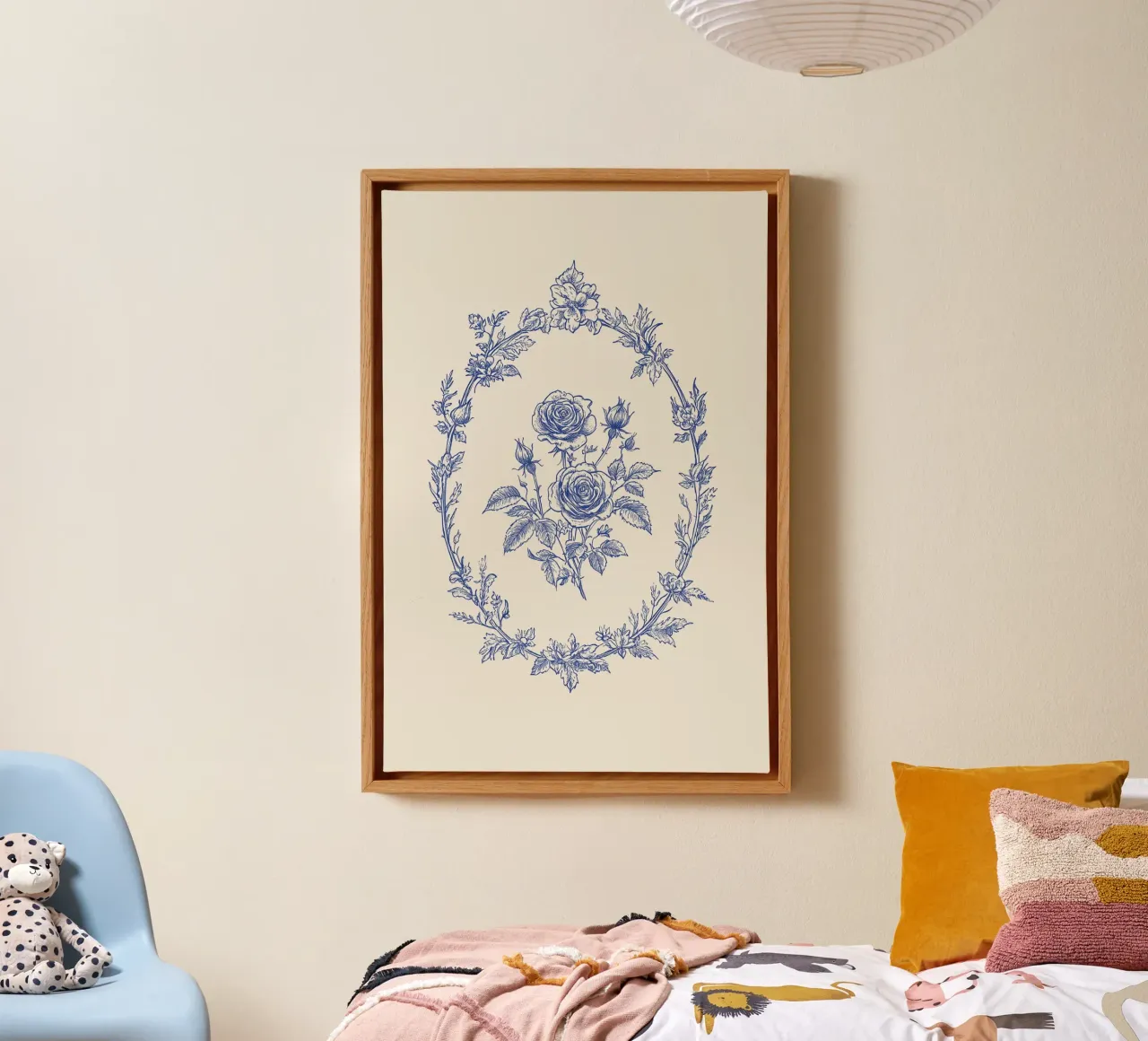 Rose in cornice blu ornata tela con Cornice a cassetta da Melloi Art Print