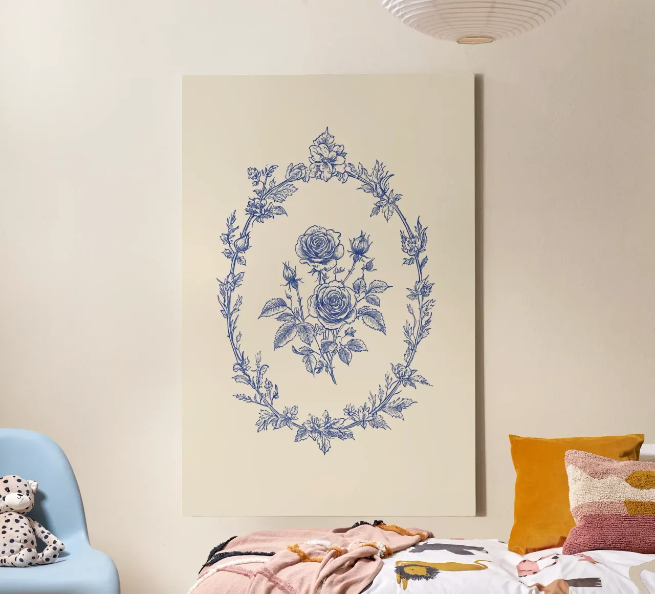 Rose in cornice blu ornata tela con Cornice a cassetta da Melloi Art Print
