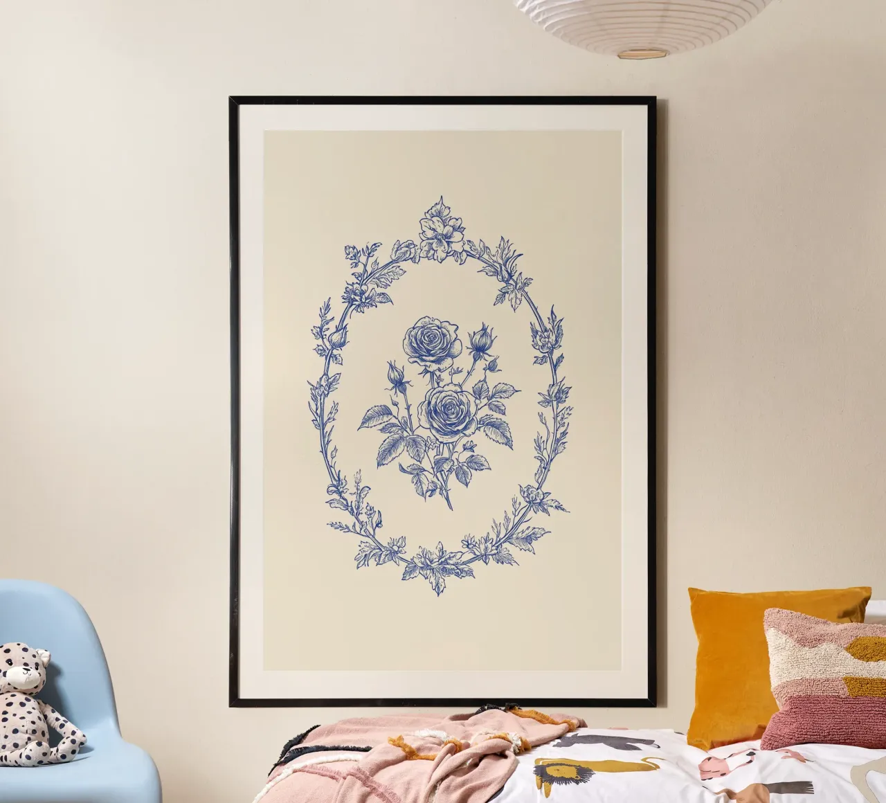 Rose in cornice blu ornata poster con telaio in plastica da Melloi Art Print