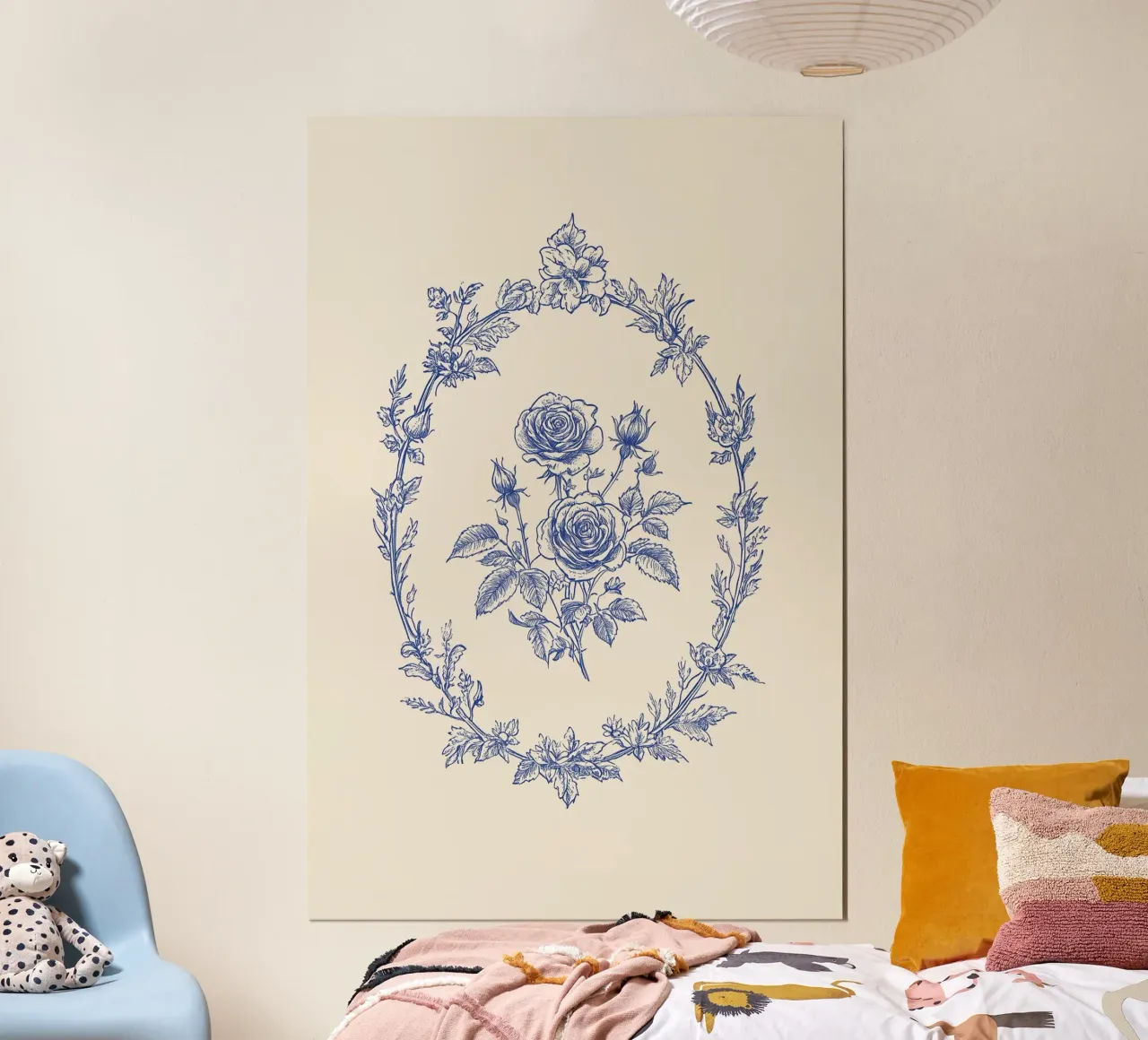 Rose in cornice blu ornata poster con telaio in plastica da Melloi Art Print