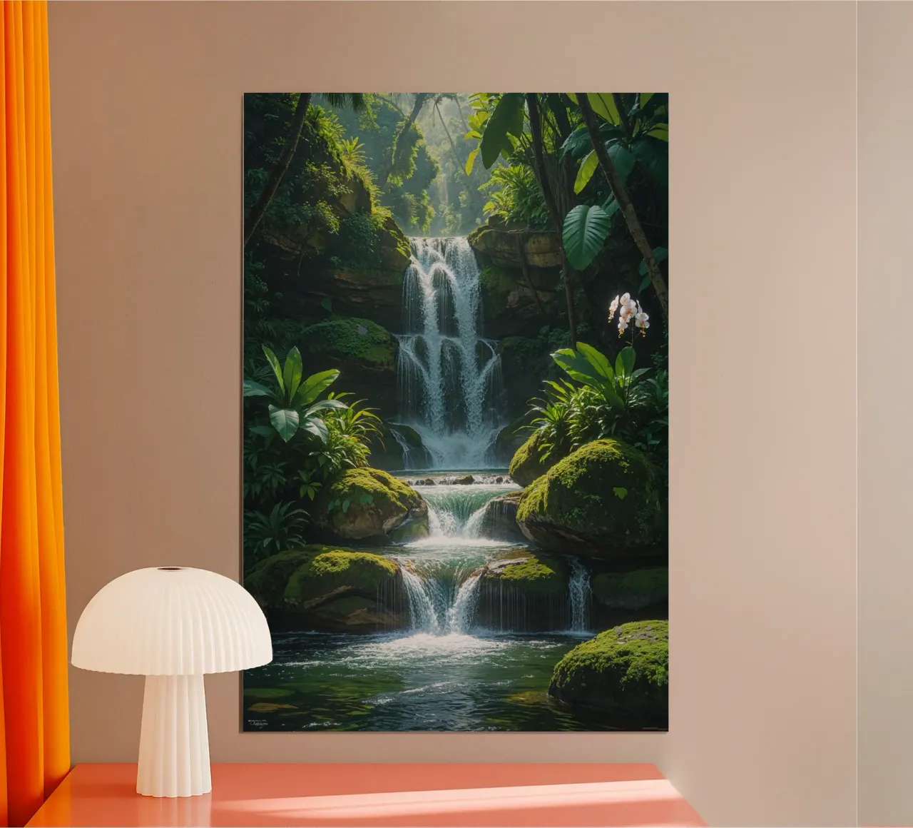 Misty Jungle Waterfall in Bali poster con telaio in alluminio da AlbertKlee