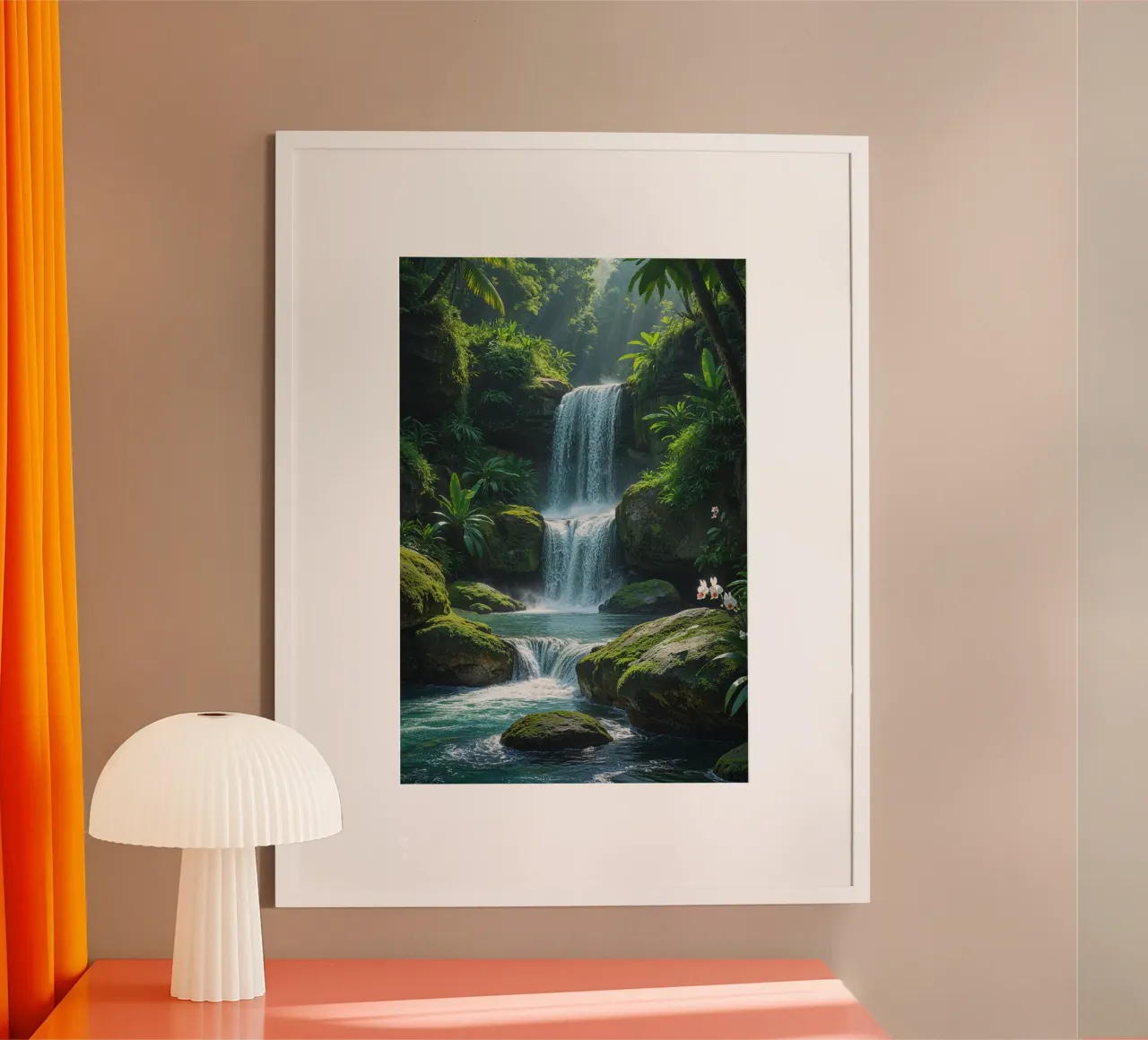 Enchanting Bali Waterfall with Orchid Blooms poster con telaio in legno da AlbertKlee
