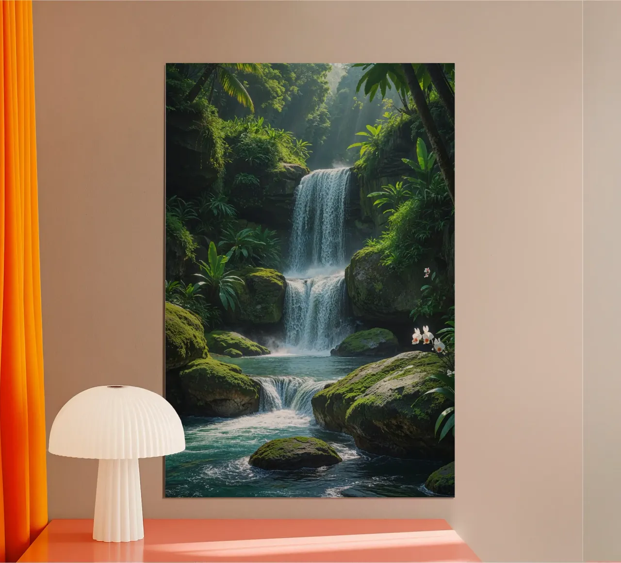 Enchanting Bali Waterfall with Orchid Blooms poster con telaio in legno da AlbertKlee