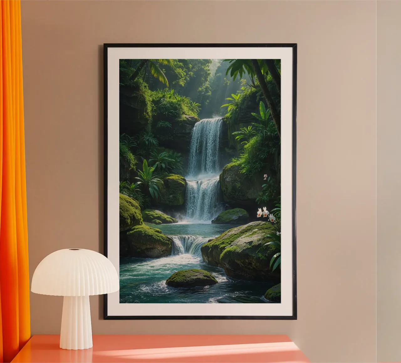 Enchanting Bali Waterfall with Orchid Blooms poster con telaio in legno da AlbertKlee