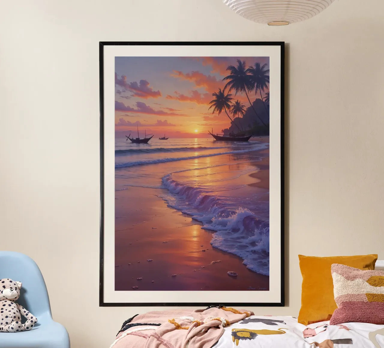 Golden Sunset Over Bali's Serene Shore poster con telaio in legno da AlbertKlee