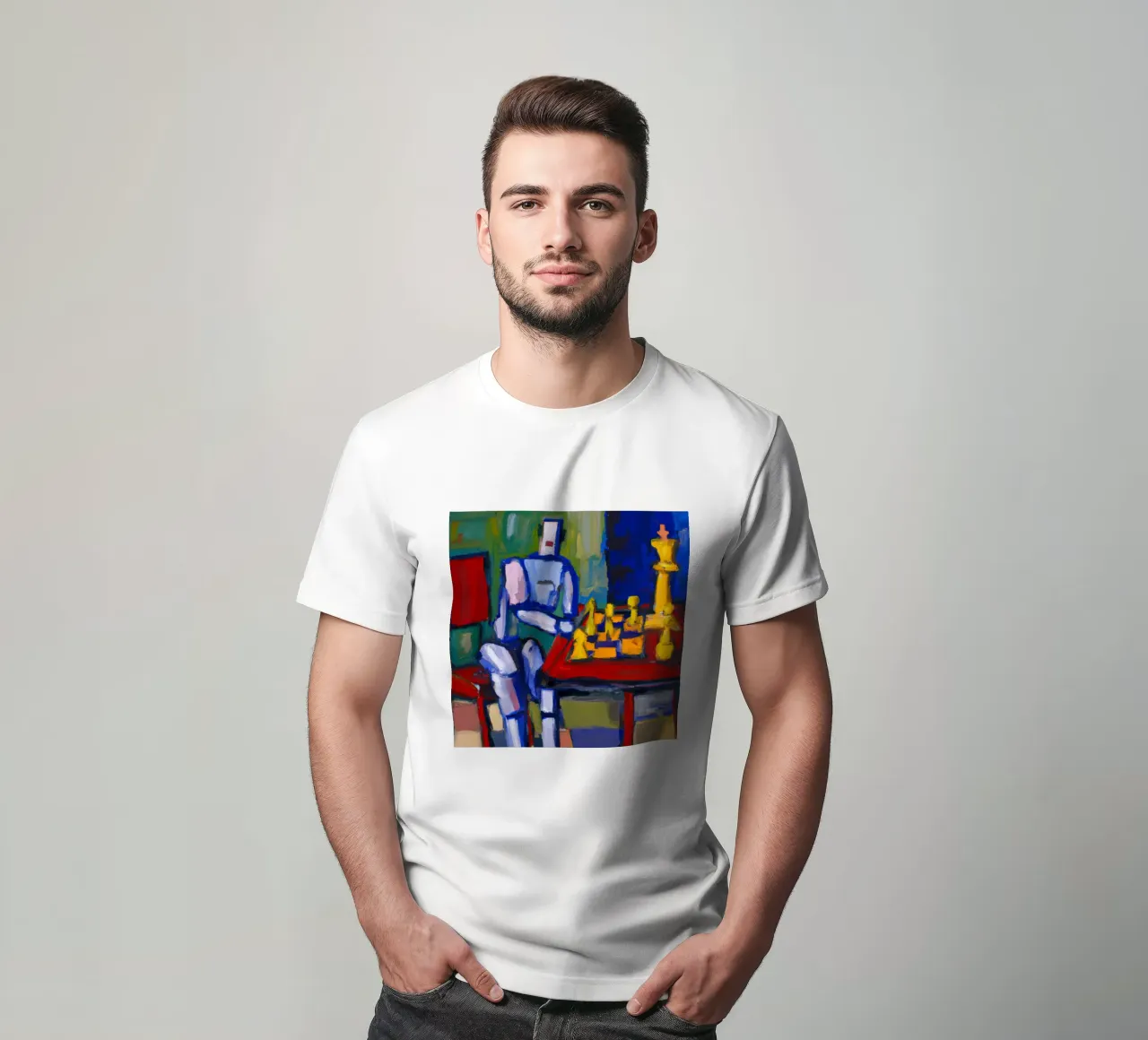 Robot playing Chess on a Sunday Afternoon_BTC t-shirt da Crypto_Jungle